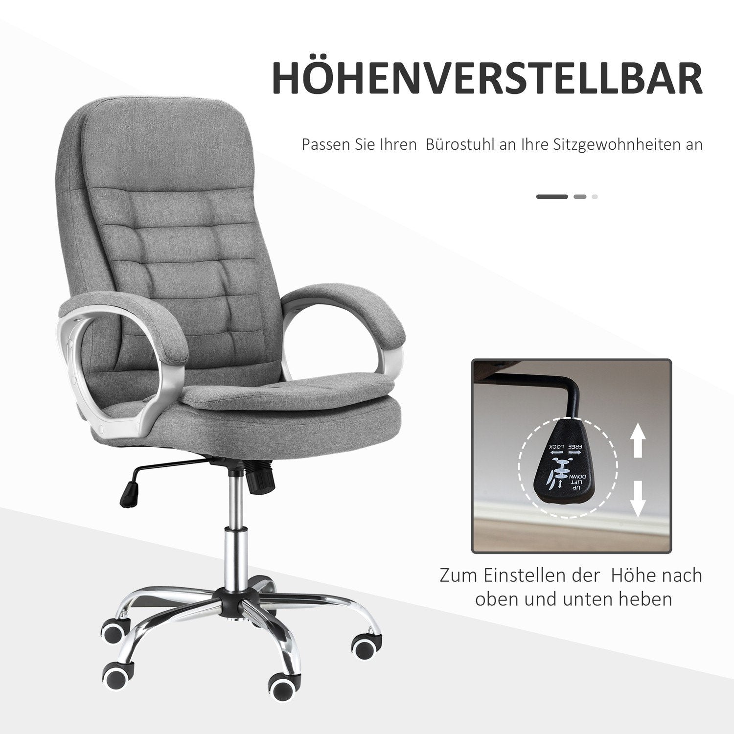 Kontorsstol Arbetsstol Med 360° Rotation, Ergonomisk, Vippfunktion, Höj- Och Sänkbar, Grått Linne, 64X75X111-121 Cm