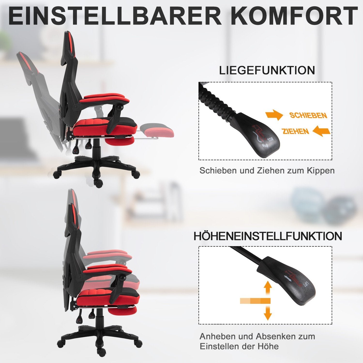 Gaming Chair Skrivbordsstol Ergonomisk Kontorsstol Med Fotstöd Höjdjusterbar Polyester Svart + Röd 58 X 72 X 112-122 Cm