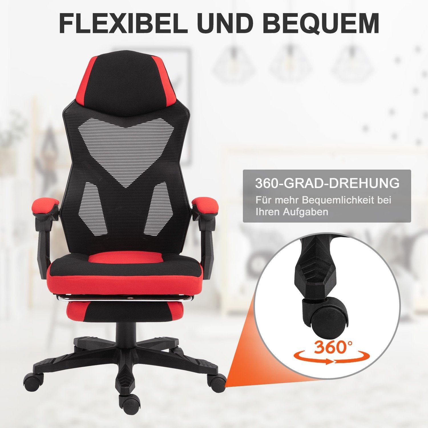 Gaming Chair Skrivbordsstol Ergonomisk Kontorsstol Med Fotstöd Höjdjusterbar Polyester Svart + Röd 58 X 72 X 112-122 Cm