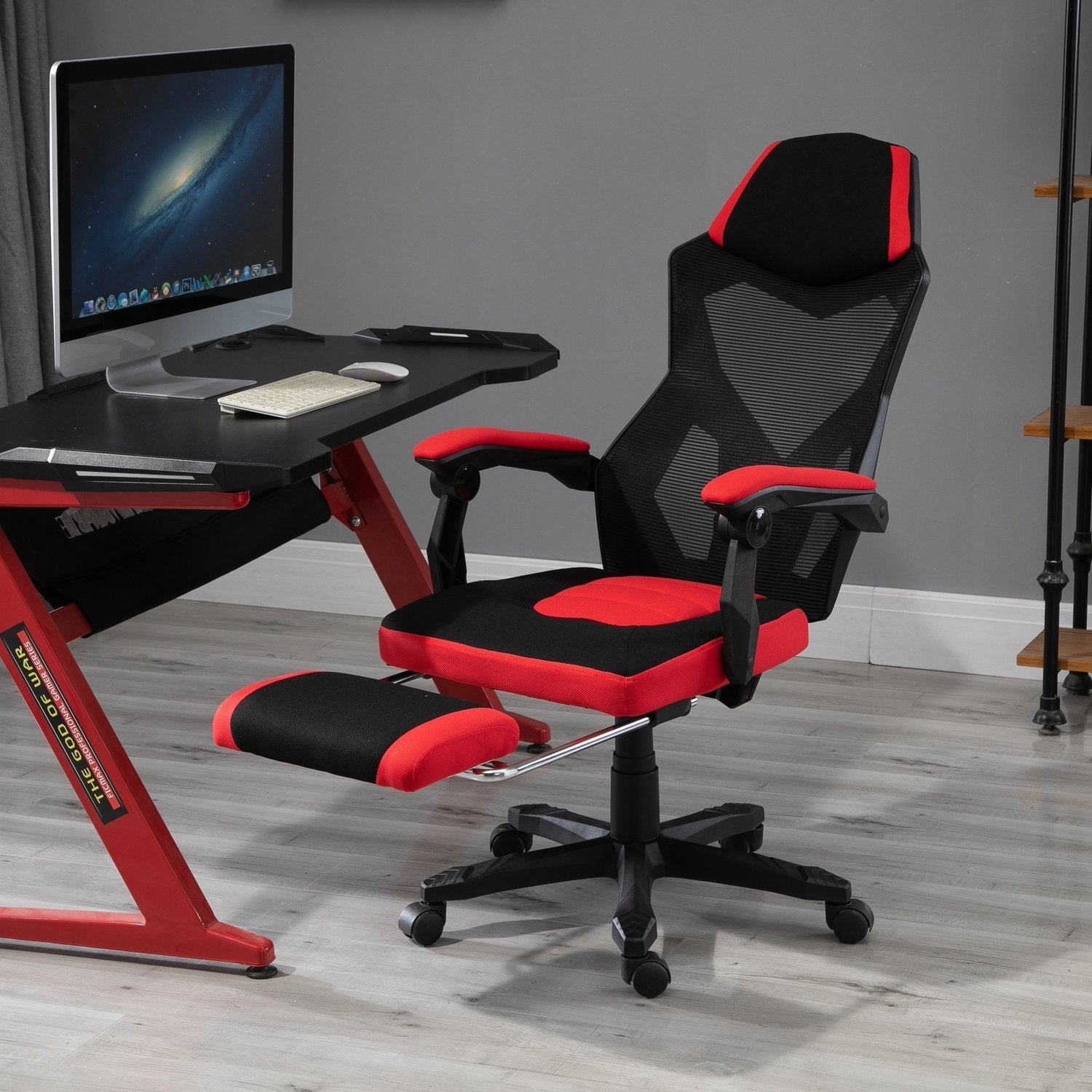 Gaming Chair Skrivbordsstol Ergonomisk Kontorsstol Med Fotstöd Höjdjusterbar Polyester Svart + Röd 58 X 72 X 112-122 Cm