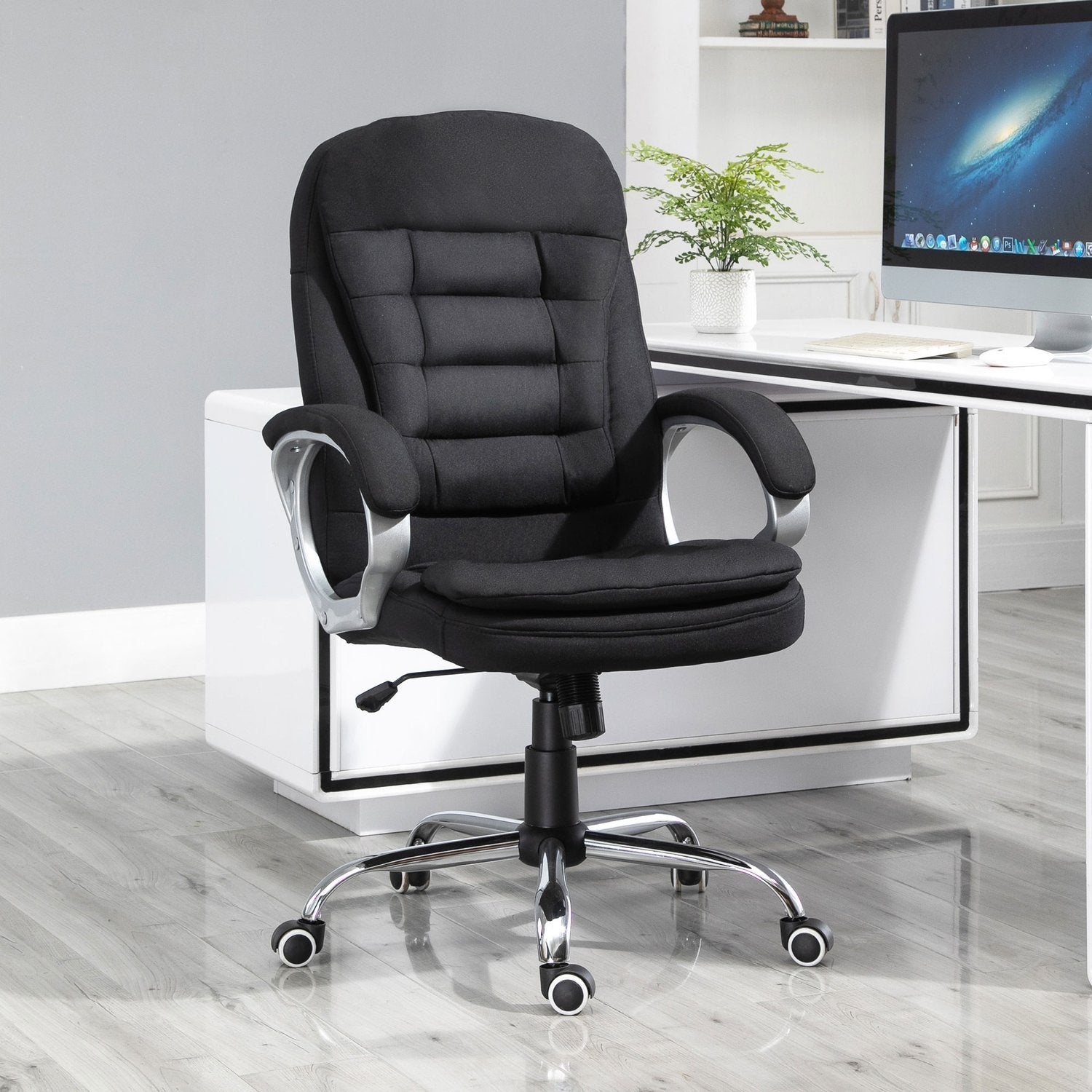 Office Chair Skrivbordsstol Med 360° Rotation, Ergonomisk, Vippfunktion, Höjdjusterbar, Svart Linne, 64X75X111-121 Cm