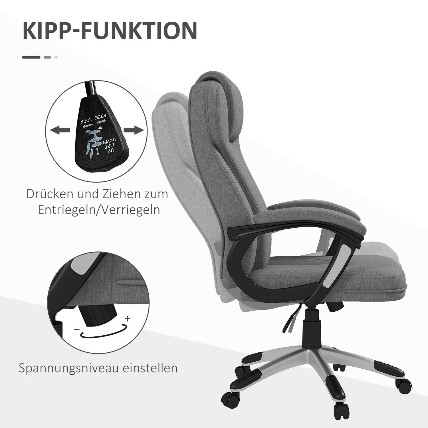 Kontorsstol Ergonomisk Datorstol Med Vippfunktion, Höjdjusterbar, Nackstöd, Armstöd, Grå, Linnelook, 66X75X110-120Cm