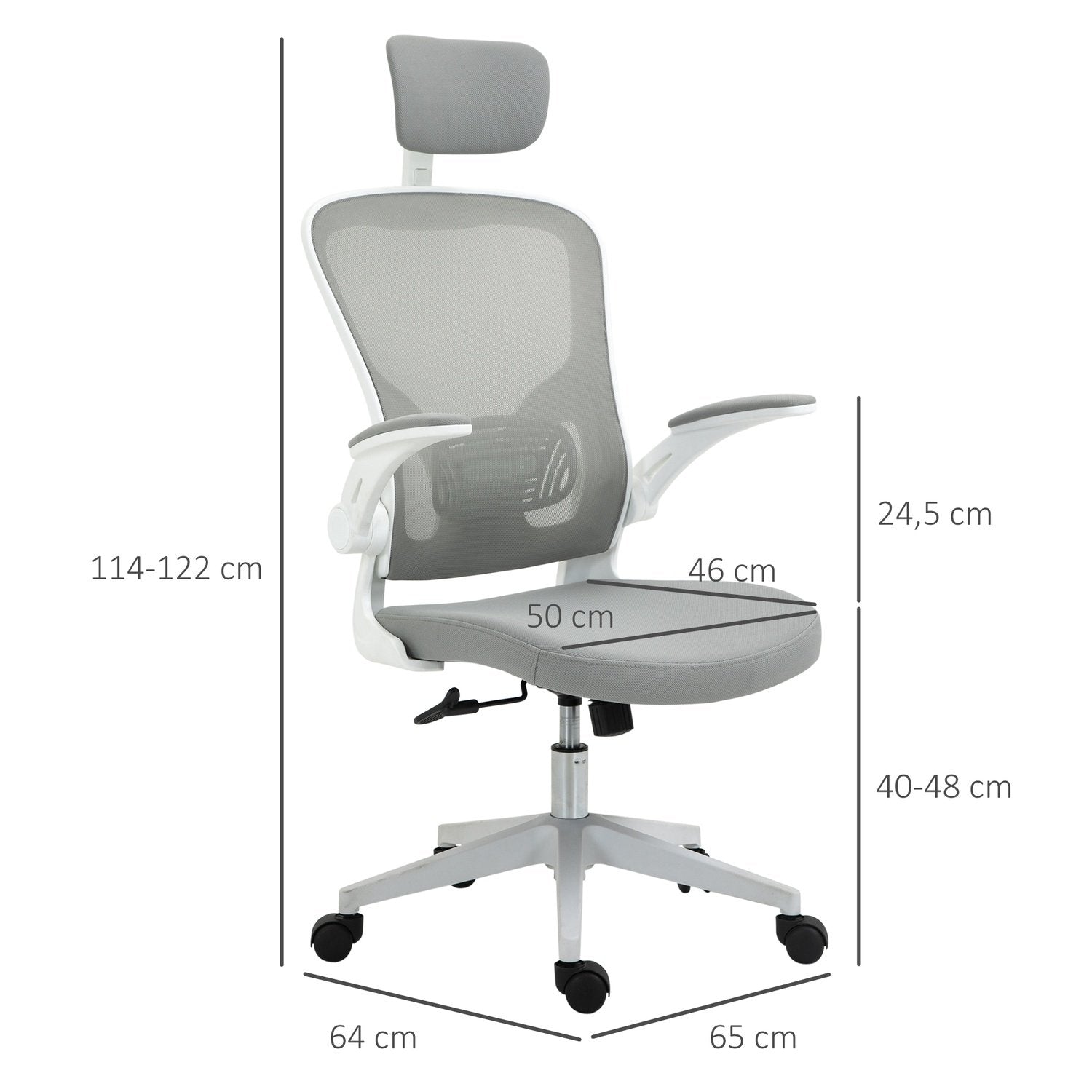 Kontorsstol Ergonomisk Stol Med Vippfunktion Högt Ryggstöd För Nackstöd, Uppfällbart Grått 65 X 64 X 114-122 Cm