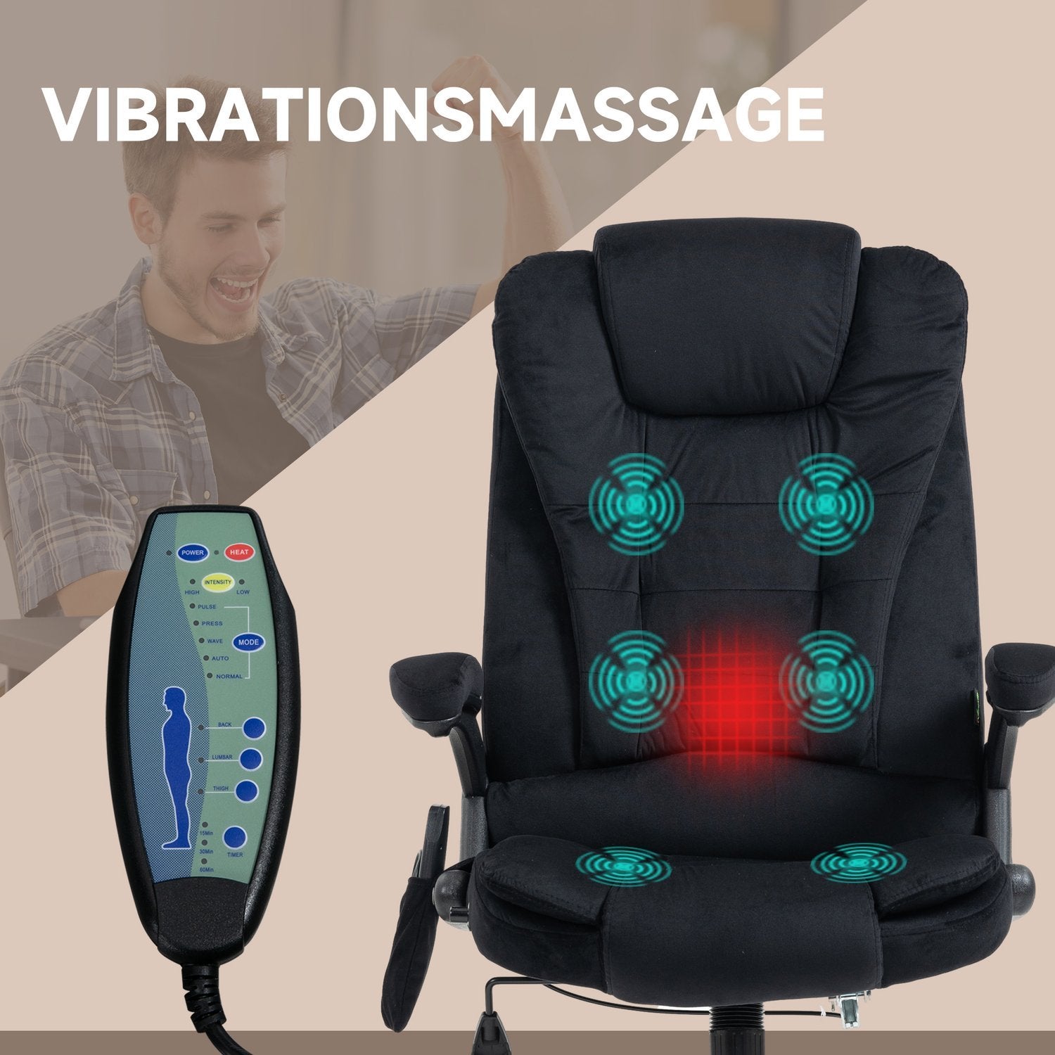 Kontorsstol Rockerfunktion Massagestol Värmefunktion Ergonomisk Höjdjusterbar Upp Till 120Kg Svart