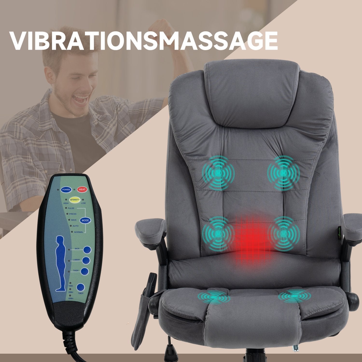 Kontorsstol Rockerfunktion Massagestol Värmefunktion Ergonomisk Höjdjusterbar 120Kg Lastkapacitet Mörkgrå