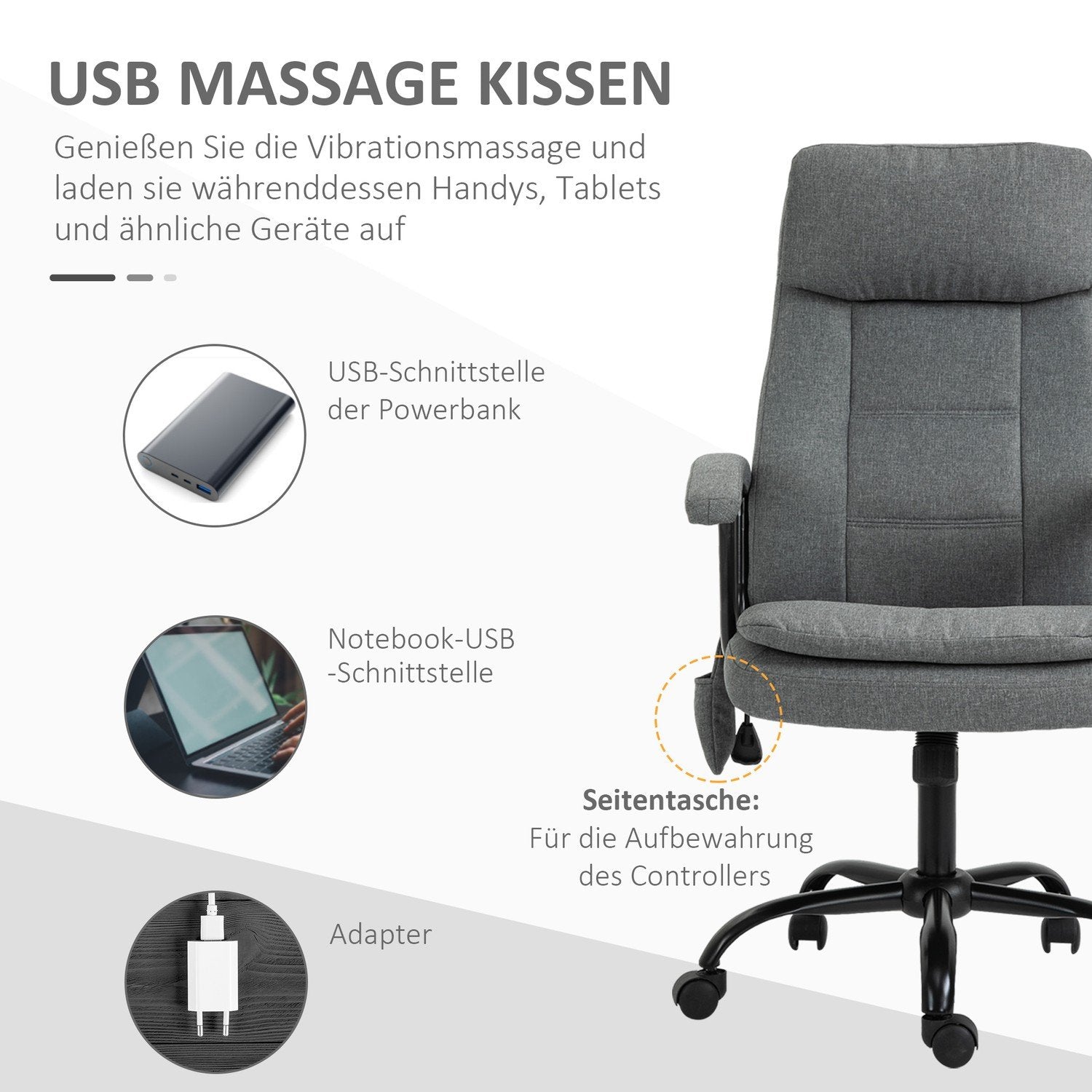 Kontorsstol Ergonomisk Spelstol Med Massage & Svankmassage, Höjdjusterbar, Linnekänsla, Grå, 63X70X112-121Cm