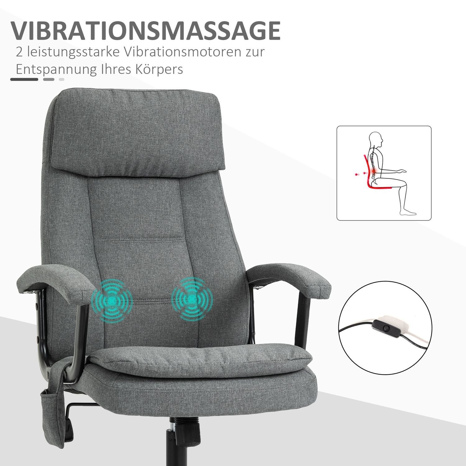 Kontorsstol Ergonomisk Spelstol Med Massage & Svankmassage, Höjdjusterbar, Linnekänsla, Grå, 63X70X112-121Cm