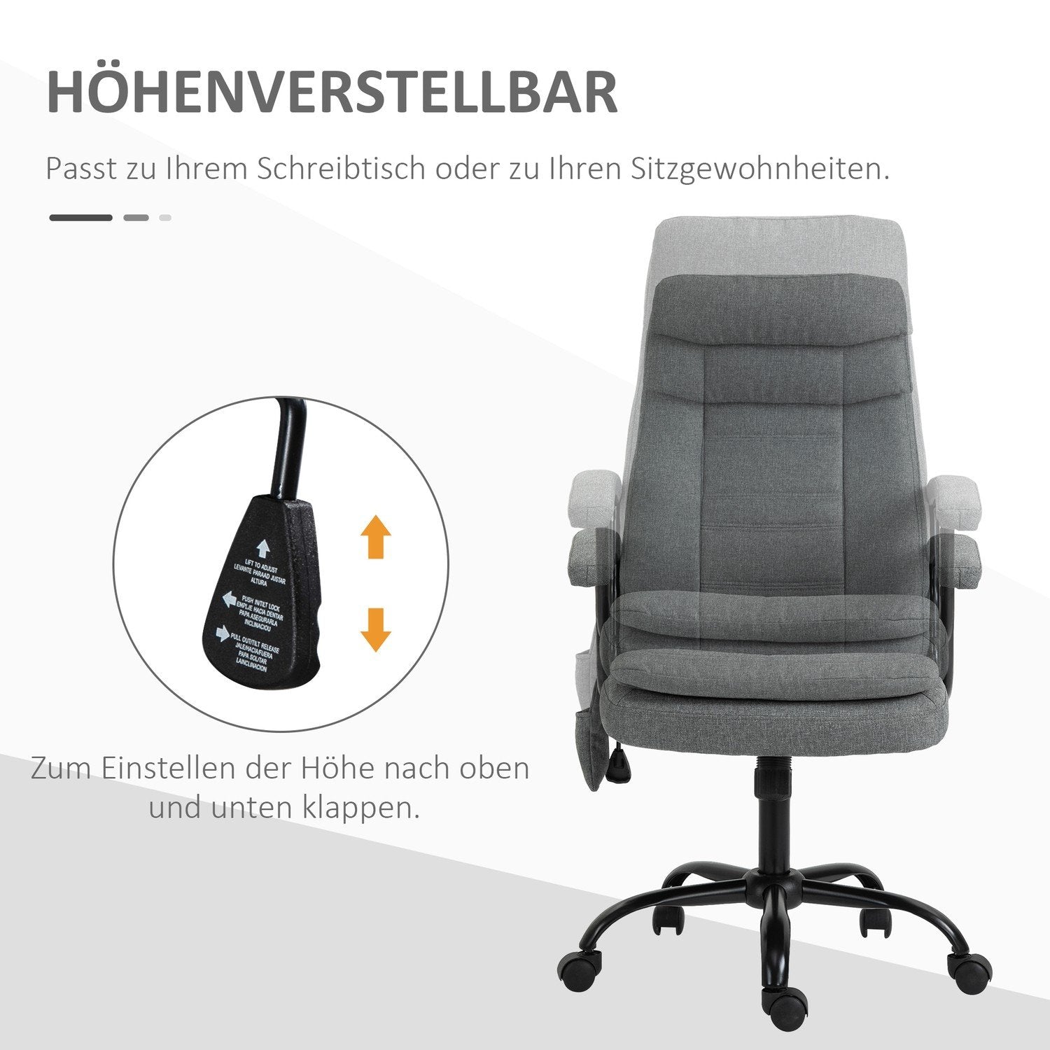 Kontorsstol Ergonomisk Spelstol Med Massage & Svankmassage, Höjdjusterbar, Linnekänsla, Grå, 63X70X112-121Cm