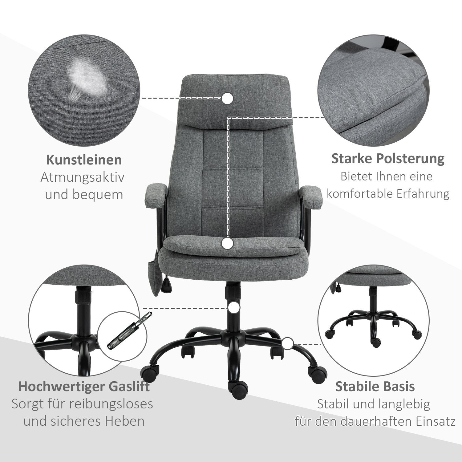 Kontorsstol Ergonomisk Spelstol Med Massage & Svankmassage, Höjdjusterbar, Linnekänsla, Grå, 63X70X112-121Cm