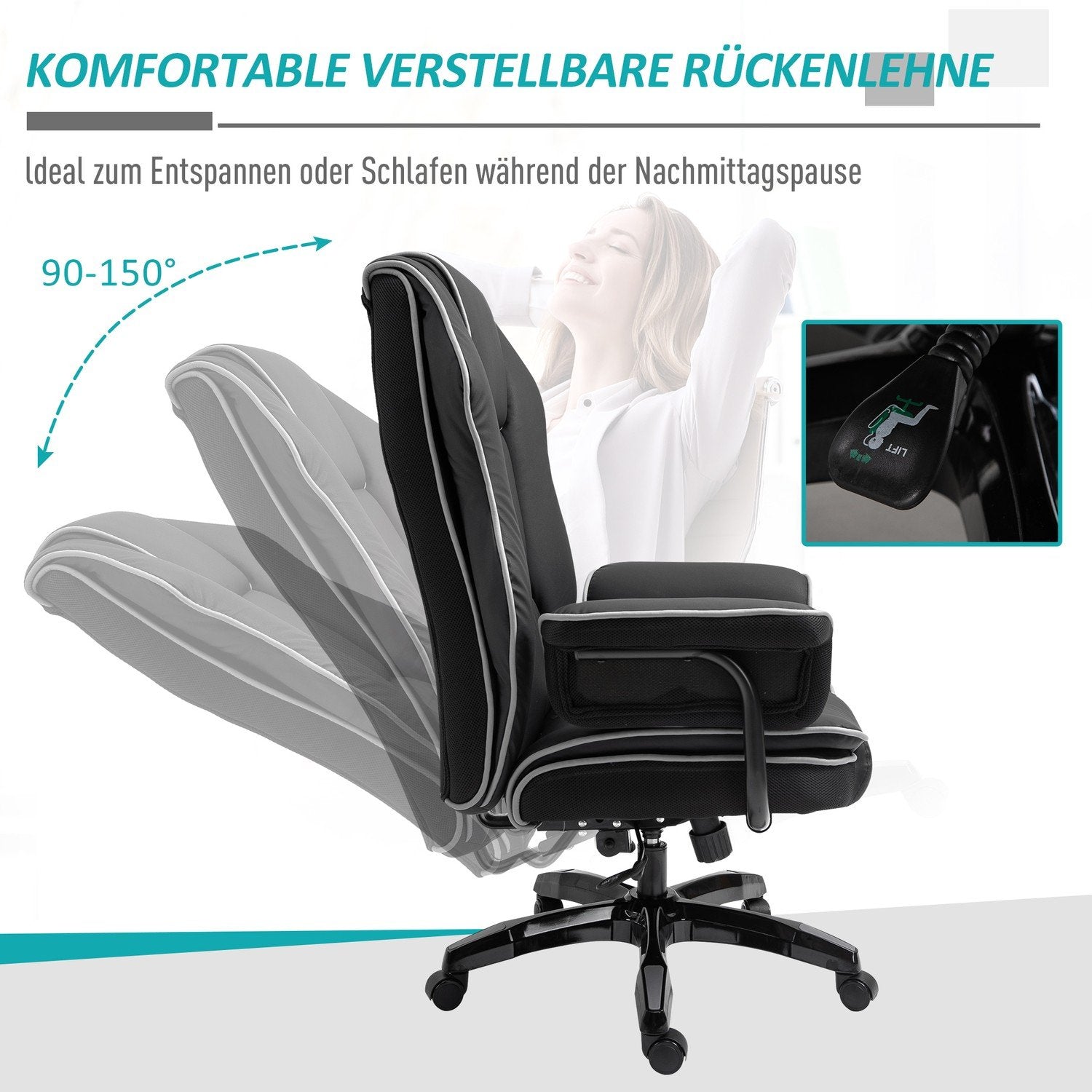 Kontorsstol Skrivbordsstol Snurrstol Med Armstöd Höjdjusterbar Ergonomisk Med Vippfunktion Konstläder Svart 76X80X118-124 Cm