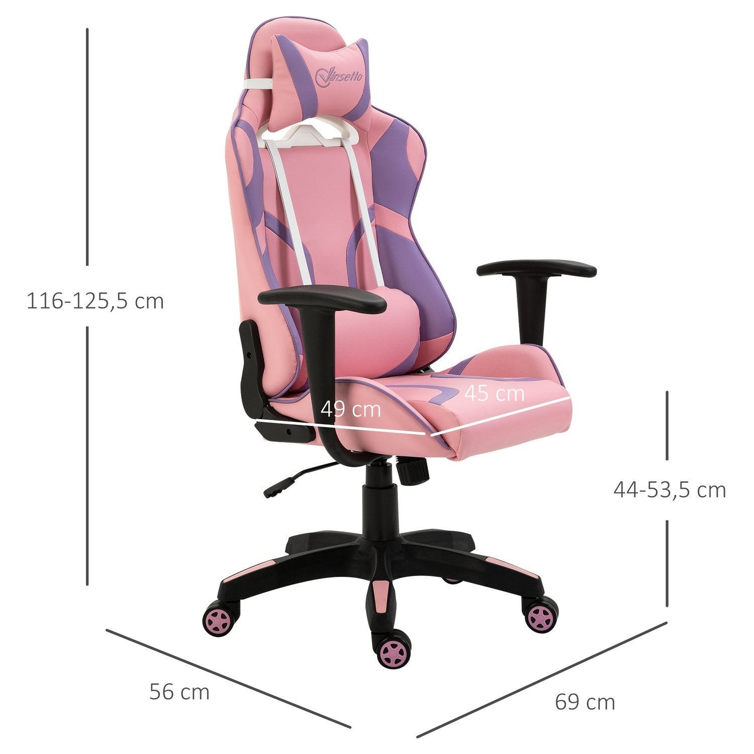 Gaming Chair Ergonomisk Kontorsstol, Snurrstol, Justerbar Massage Svankkudde, Höjdjusterbar, Rosa & Lila, 69X56X125,5Cm