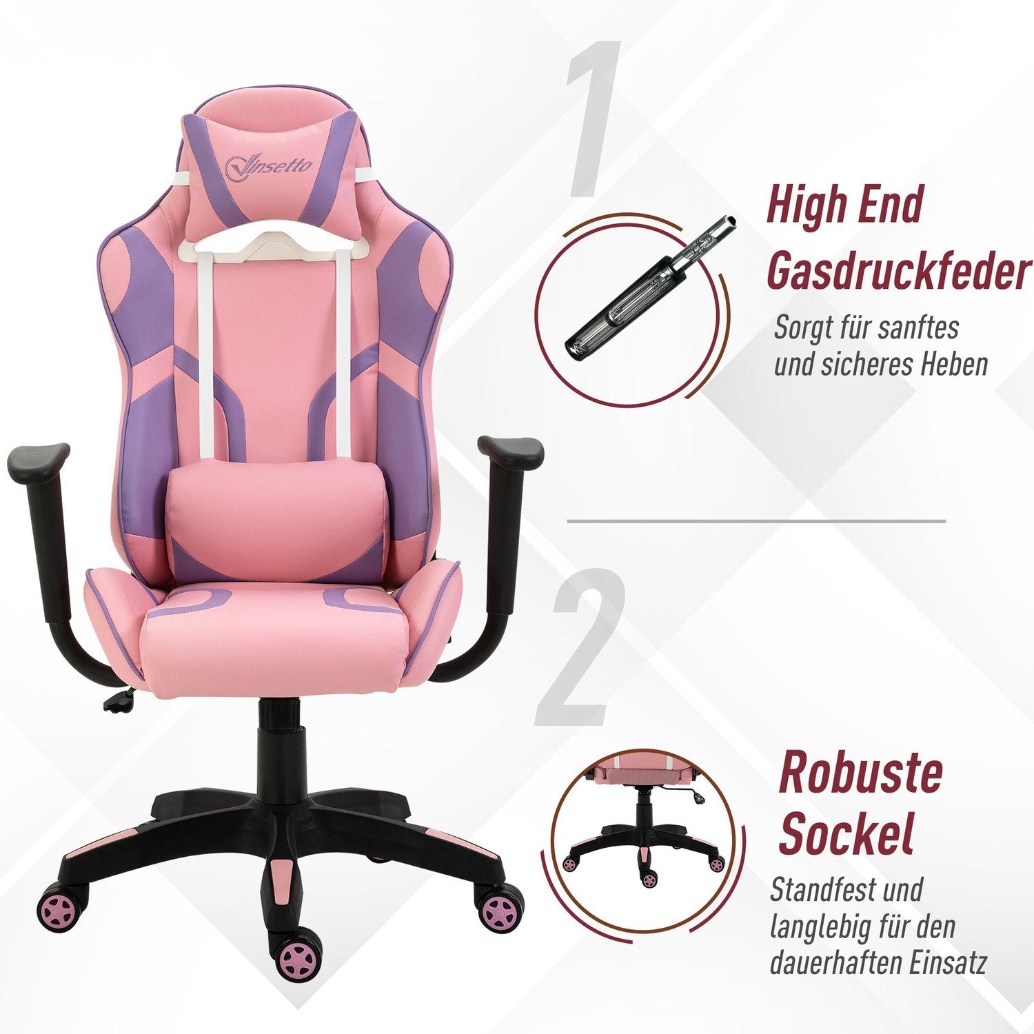 Gaming Chair Ergonomisk Kontorsstol, Snurrstol, Justerbar Massage Svankkudde, Höjdjusterbar, Rosa & Lila, 69X56X125,5Cm