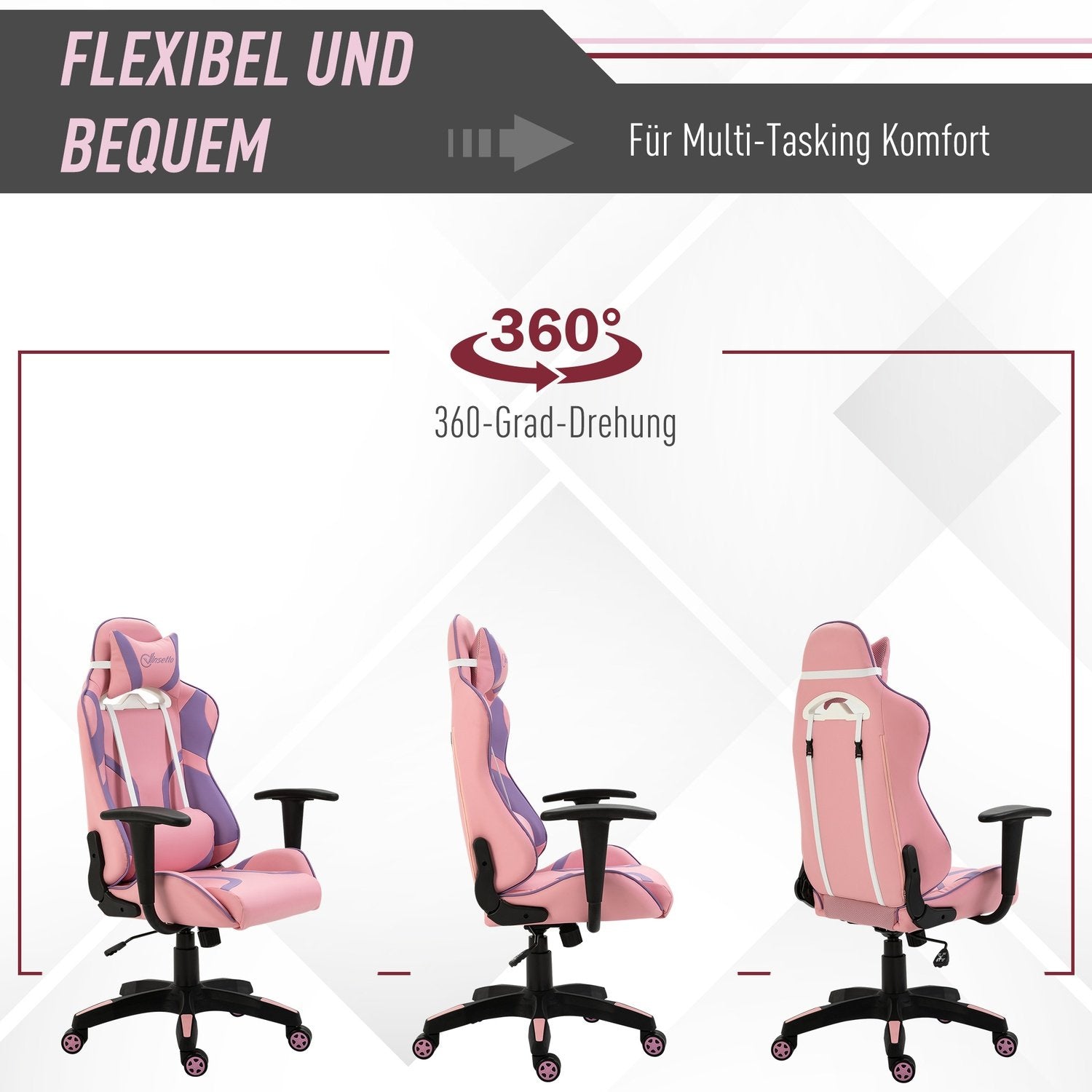 Gaming Chair Ergonomisk Kontorsstol, Snurrstol, Justerbar Massage Svankkudde, Höjdjusterbar, Rosa & Lila, 69X56X125,5Cm