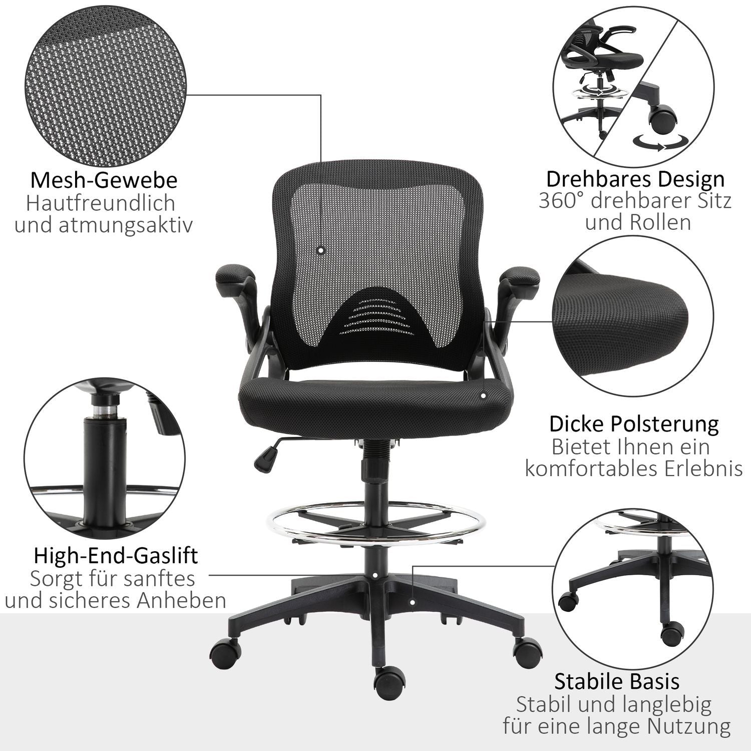 Skrivbordsstol Ergonomisk Kontorsstol Snurrstol 360° Med Justerbar Fotring Lastkapacitet Upp Till 120 Kg Mesh Svart 106-126 Cm