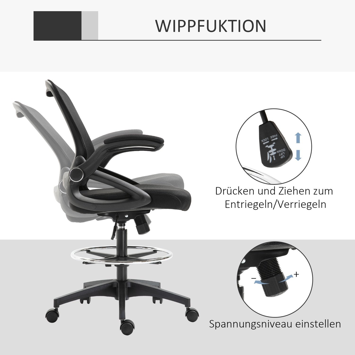 Skrivbordsstol Ergonomisk Kontorsstol Snurrstol 360° Med Justerbar Fotring Lastkapacitet Upp Till 120 Kg Mesh Svart 106-126 Cm