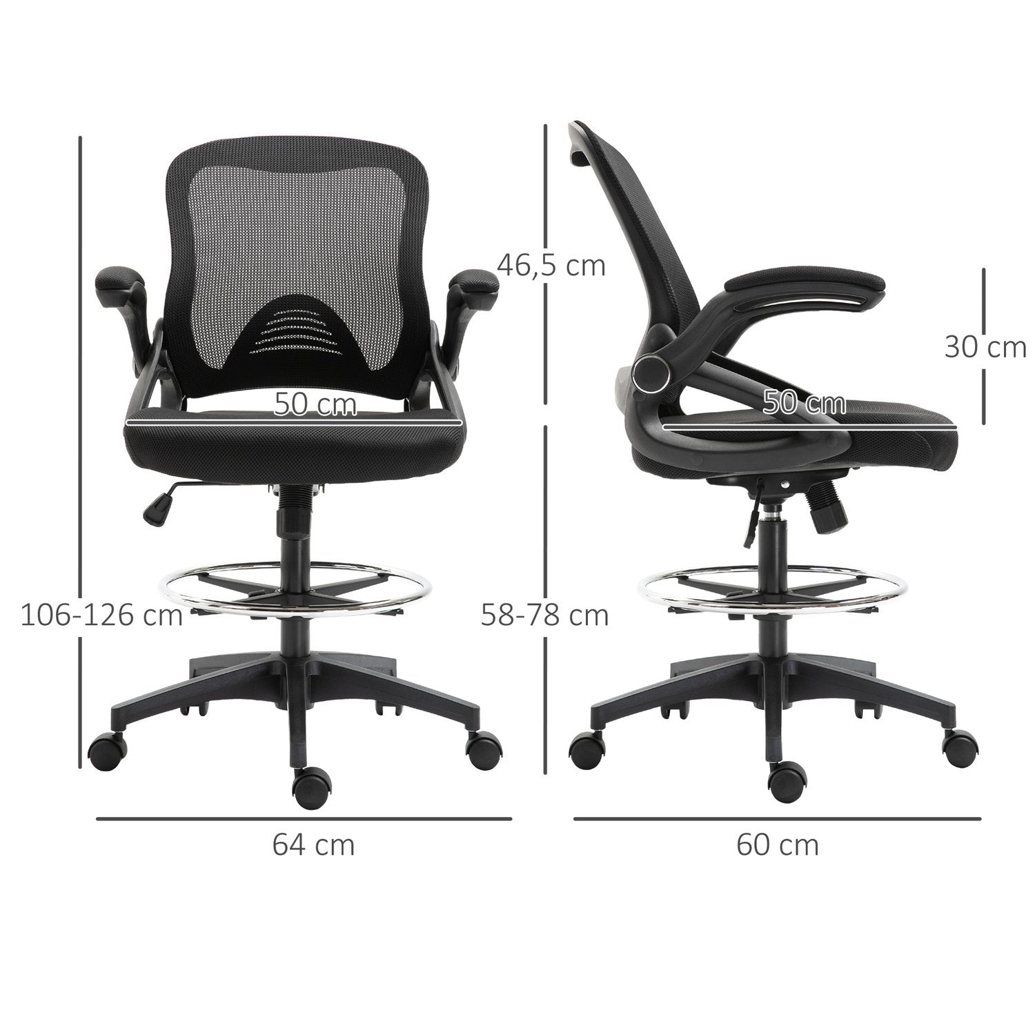 Skrivbordsstol Ergonomisk Kontorsstol Snurrstol 360° Med Justerbar Fotring Lastkapacitet Upp Till 120 Kg Mesh Svart 106-126 Cm