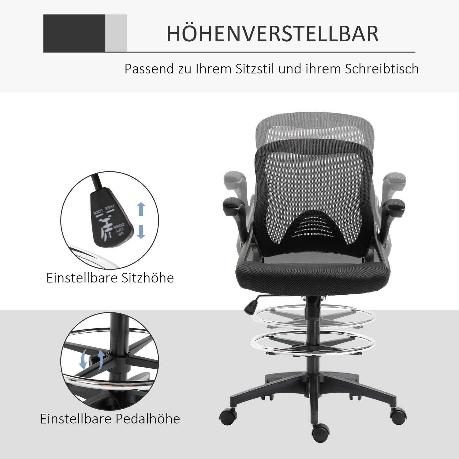 Skrivbordsstol Ergonomisk Kontorsstol Snurrstol 360° Med Justerbar Fotring Lastkapacitet Upp Till 120 Kg Mesh Svart 106-126 Cm