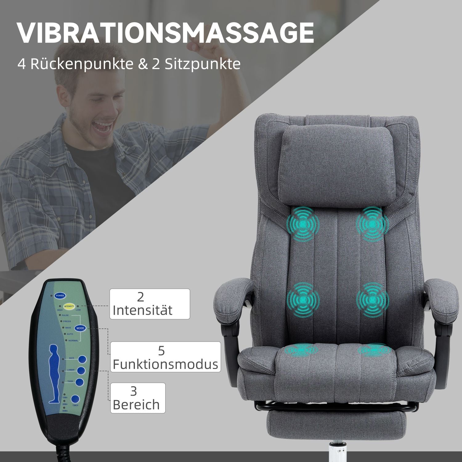 Ergonomisk kontorsstol, Liggande, Massage, Grå