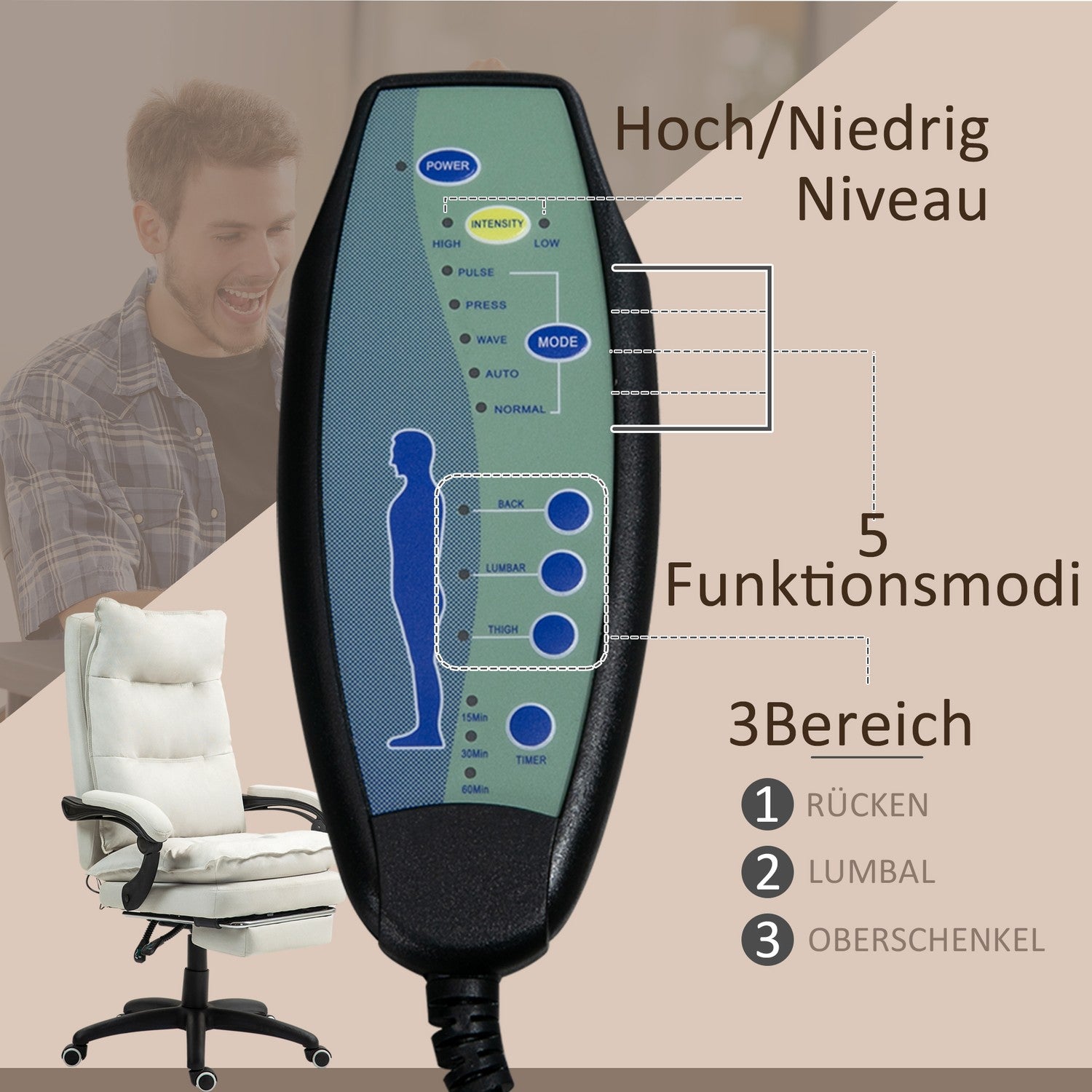 Ergonomisk kontorsstol, Massage & Recline, Creme White