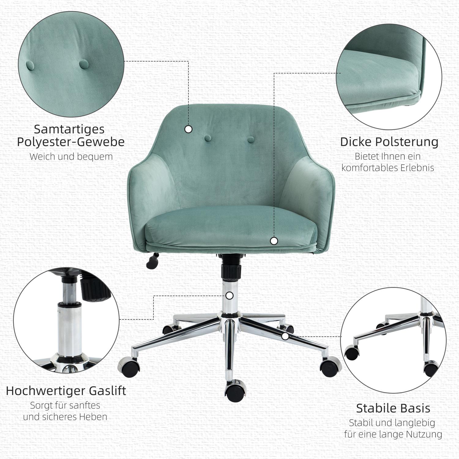 Ergonomisk kontorsstol, höjdjusterbar sammet, grön