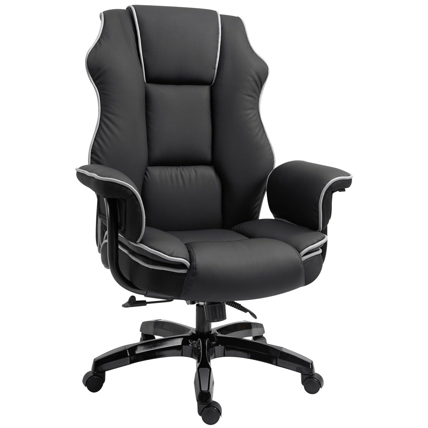 Ergonomisk kontorsstol i svart konstläder, justerbar med armstöd