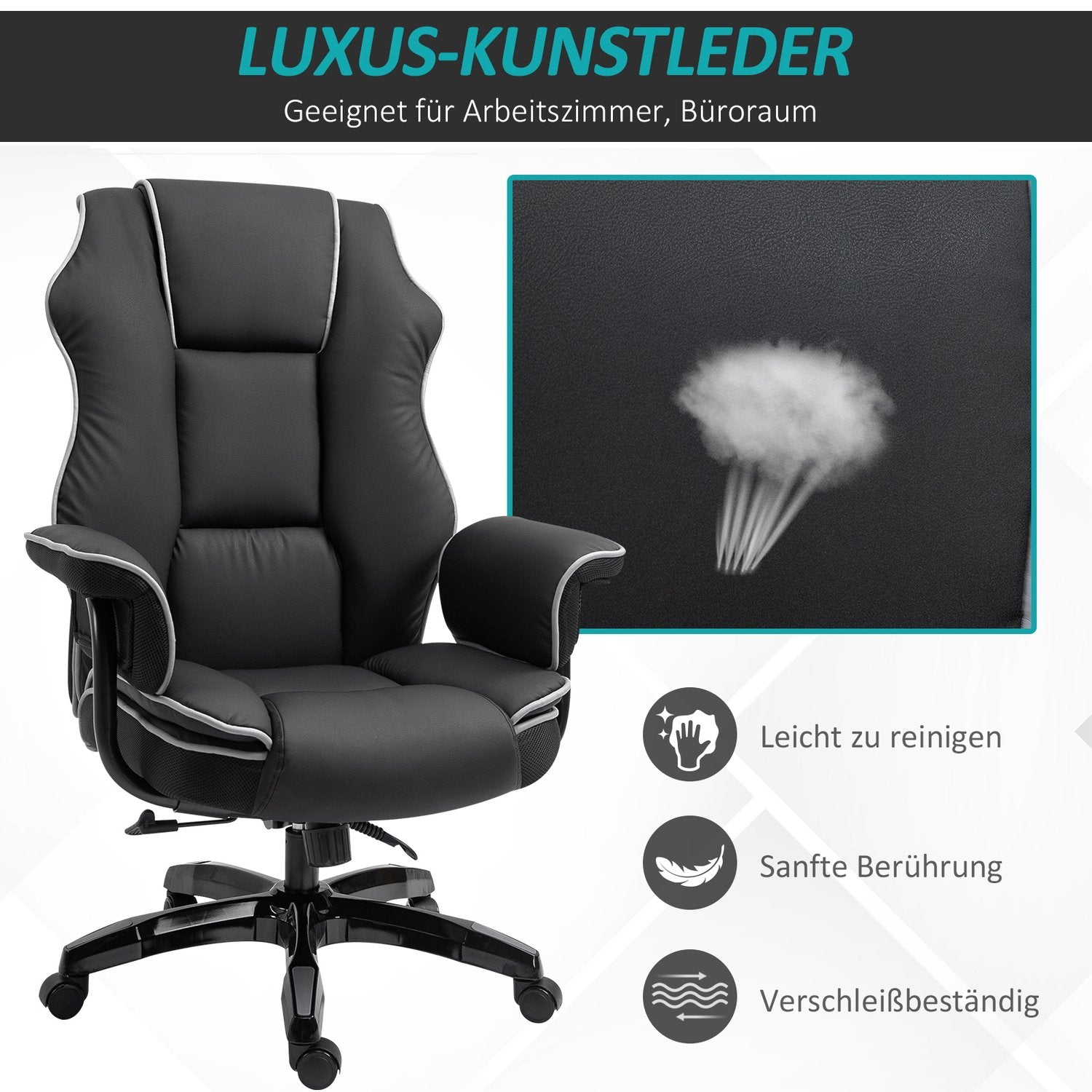 Ergonomisk kontorsstol i svart konstläder, justerbar med armstöd