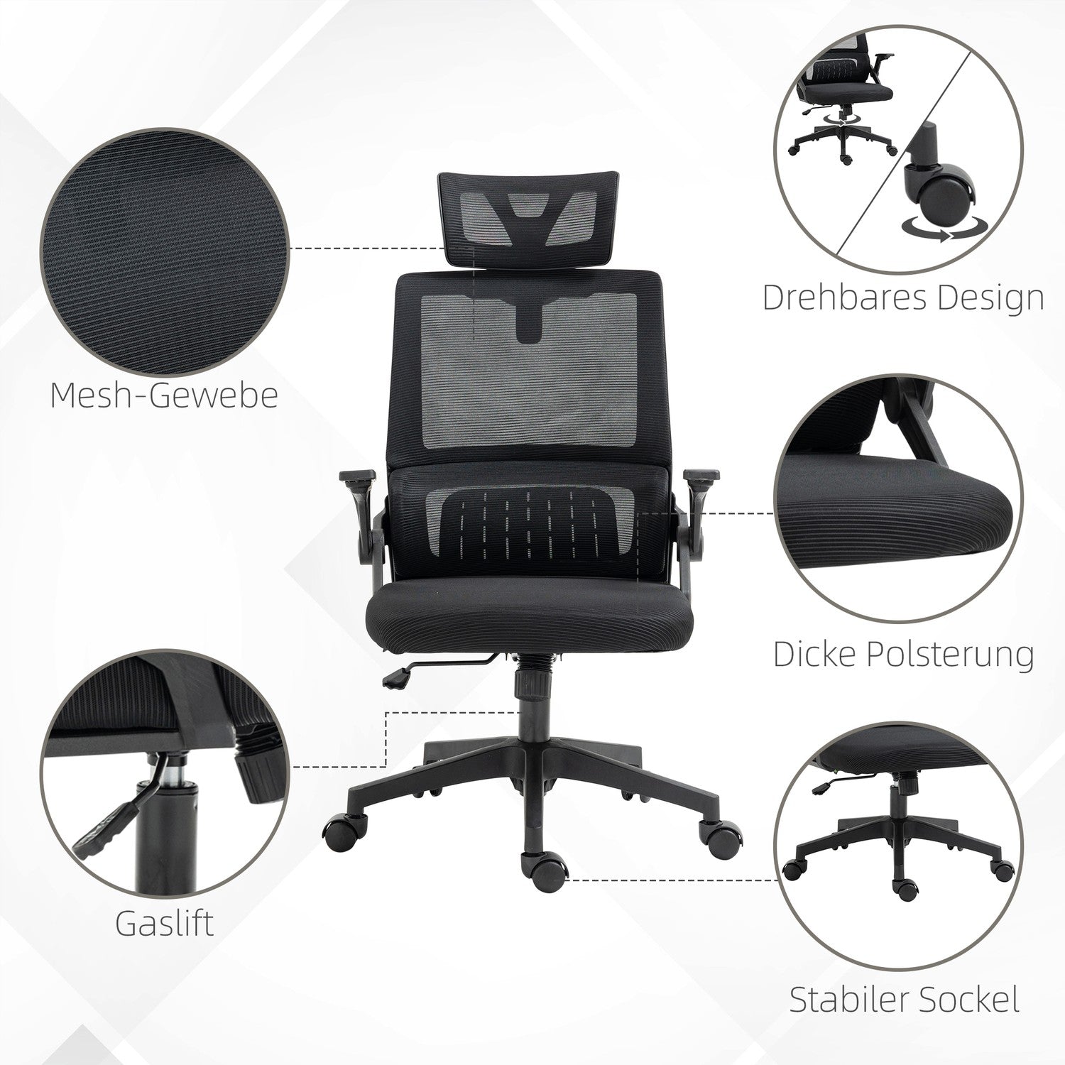 Ergonomisk kontorsstol med justerbart nackstöd och armstöd