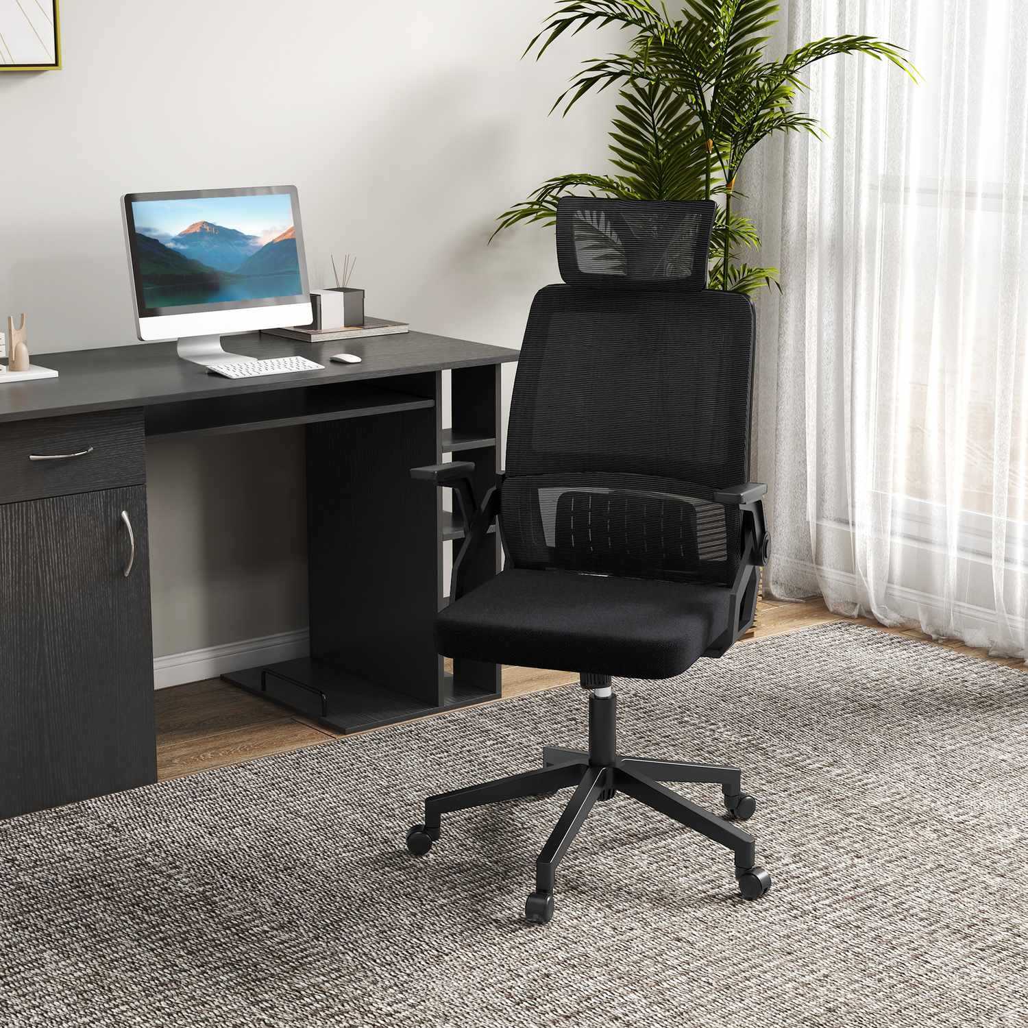 Ergonomisk kontorsstol med justerbart nackstöd och armstöd