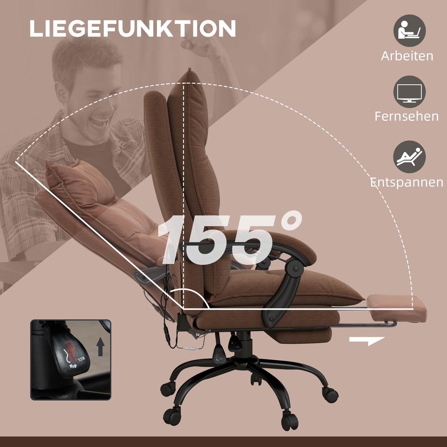 Ergonomisk kontorsstol med massage, 155° lutning – brun