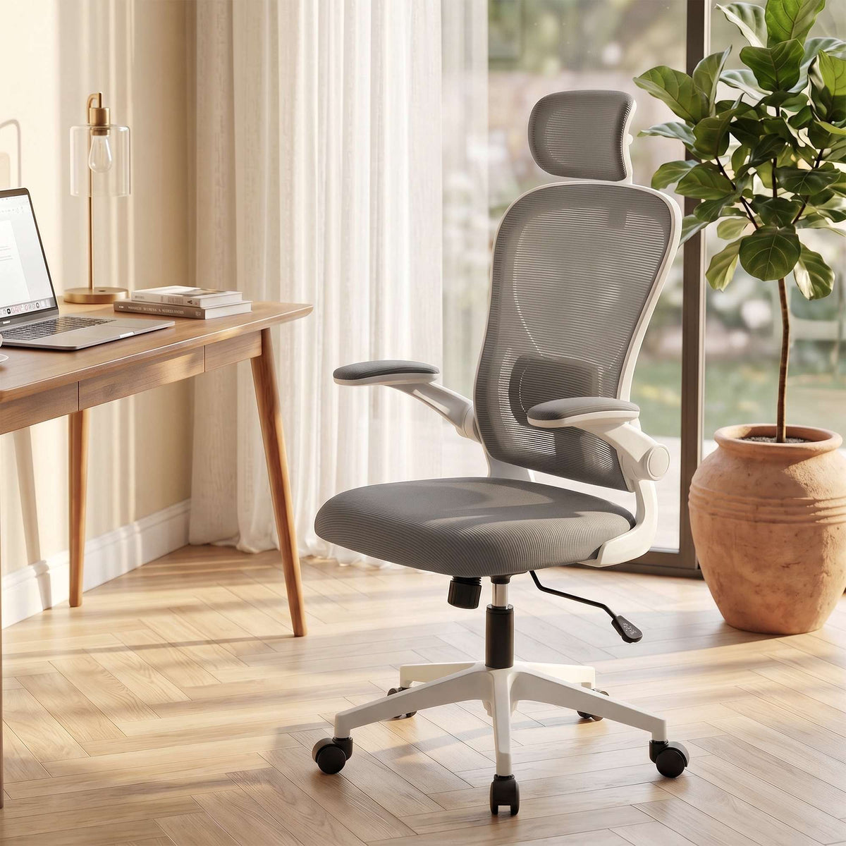 Ergonomisk kontorsstol, nät, uppfällbara armstöd, grå