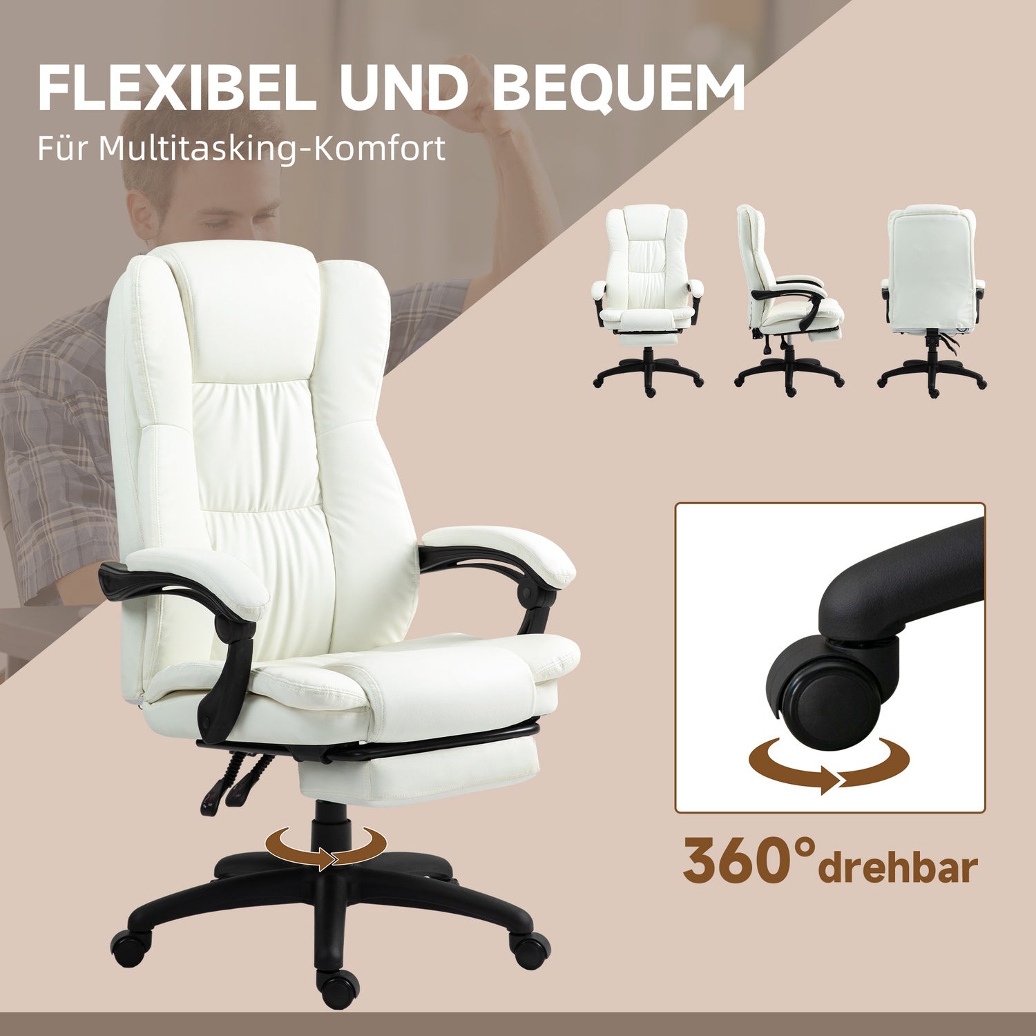 Ergonomisk krämig kontorsstol med massage & fotstöd