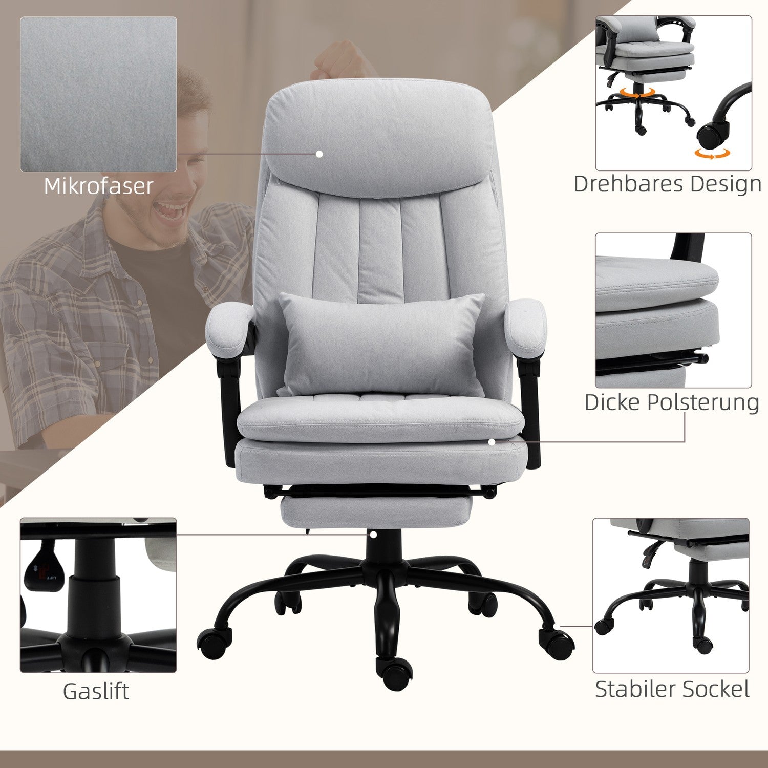 Ergonomisk liggande kontorsstol, grå – massagefunktion