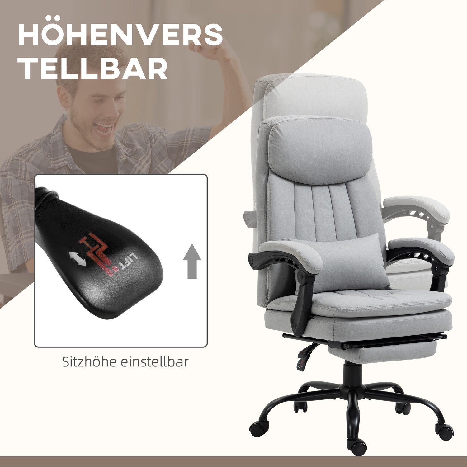 Ergonomisk liggande kontorsstol, grå – massagefunktion