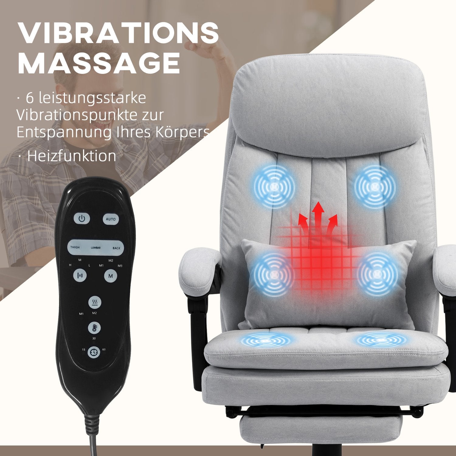 Ergonomisk liggande kontorsstol, grå – massagefunktion