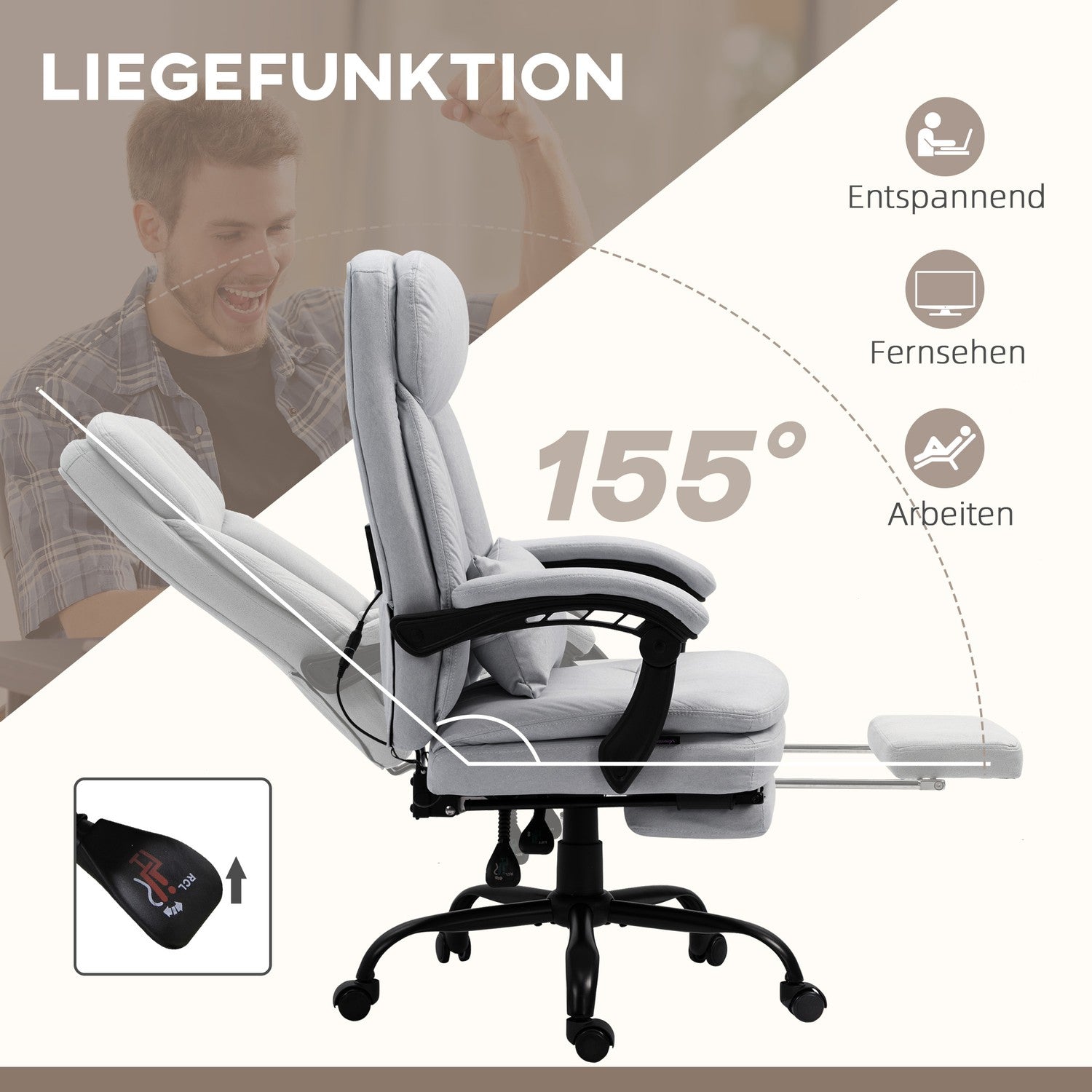 Ergonomisk liggande kontorsstol, grå – massagefunktion