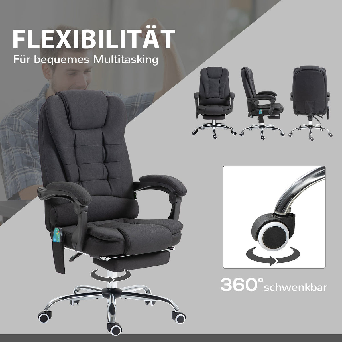 Ergonomisk massagekontorsstol, liggande med fotstöd, svart