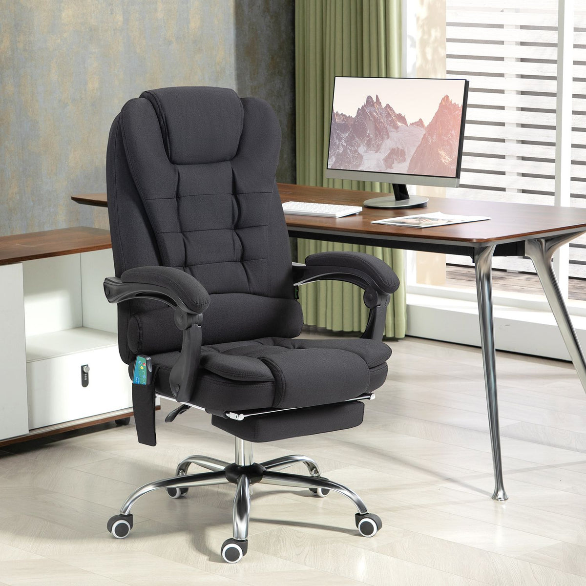 Ergonomisk massagekontorsstol, liggande med fotstöd, svart