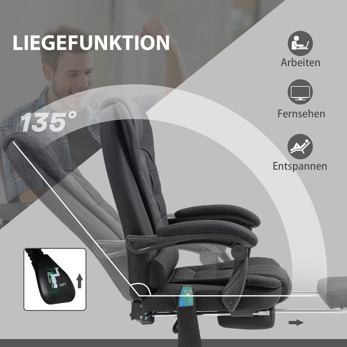 Ergonomisk massagekontorsstol, liggande med fotstöd, svart