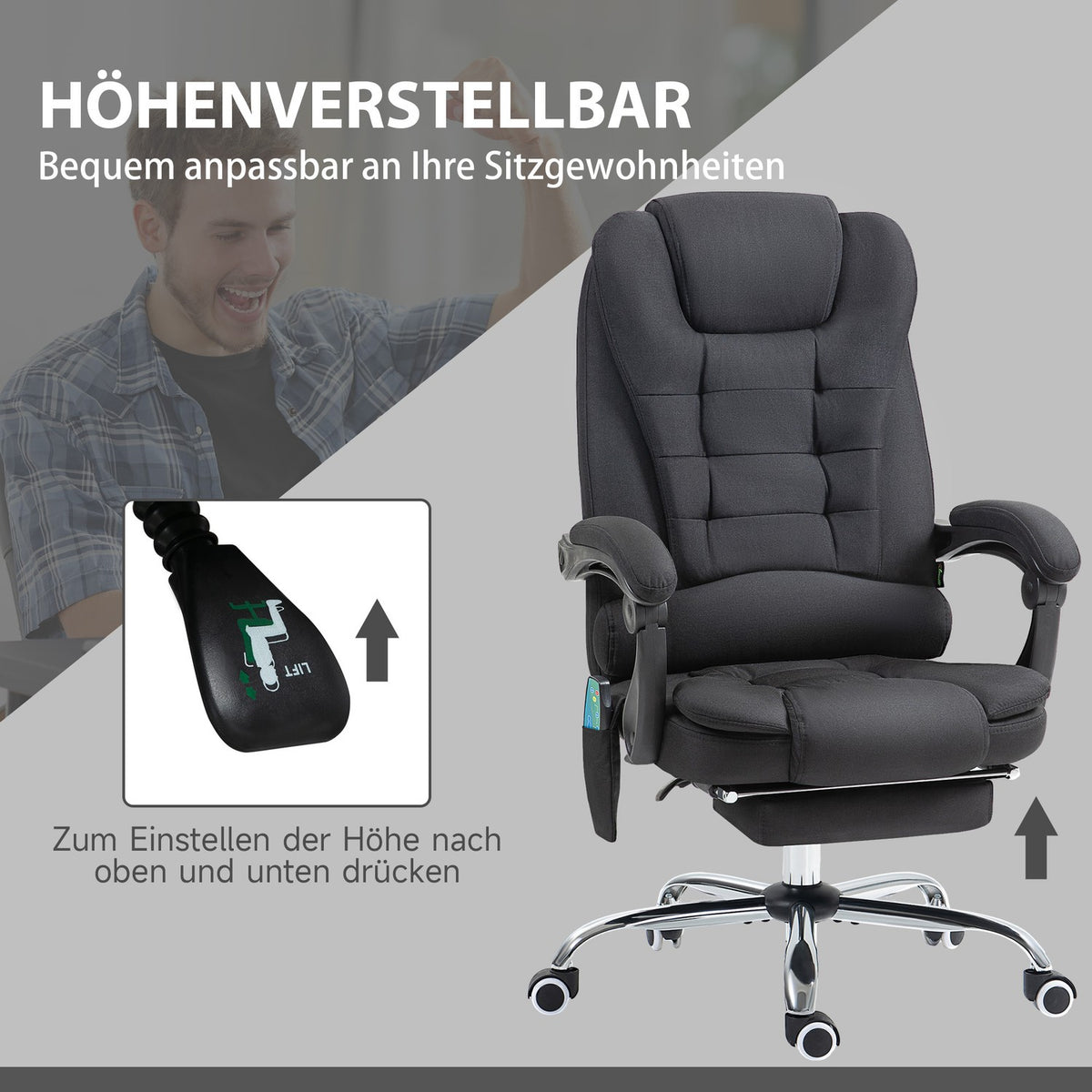 Ergonomisk massagekontorsstol, liggande med fotstöd, svart