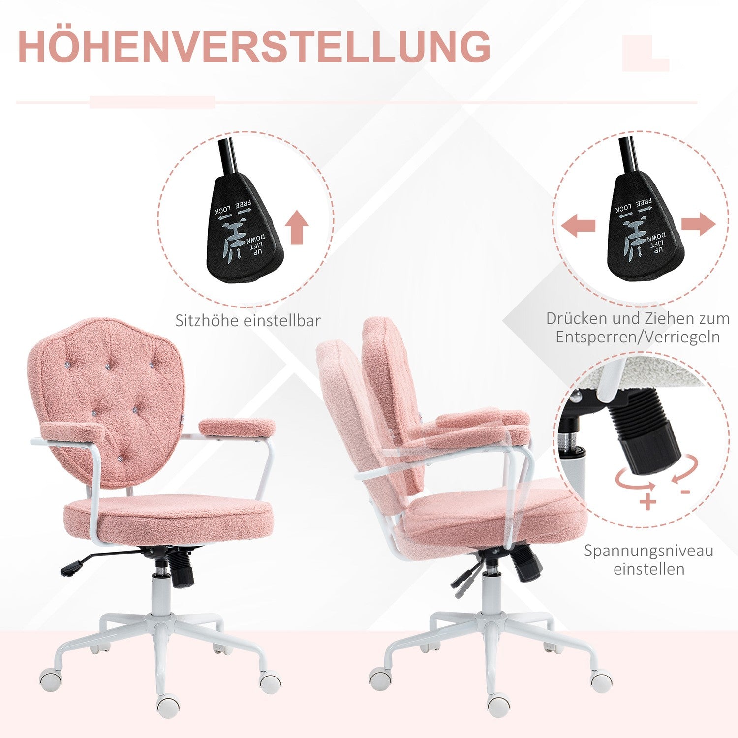Ergonomisk rosa kontorsstol, Teddy Fleece, höjdjusterbar