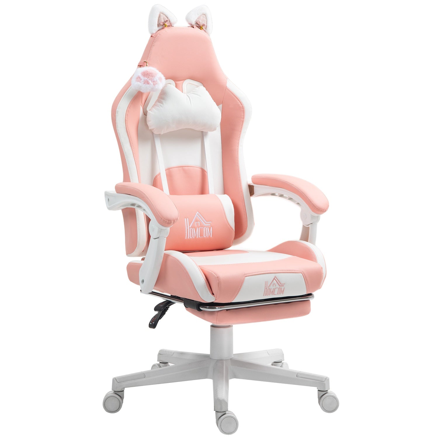 Ergonomisk rosa spelstol med svankstöd och fotstöd
