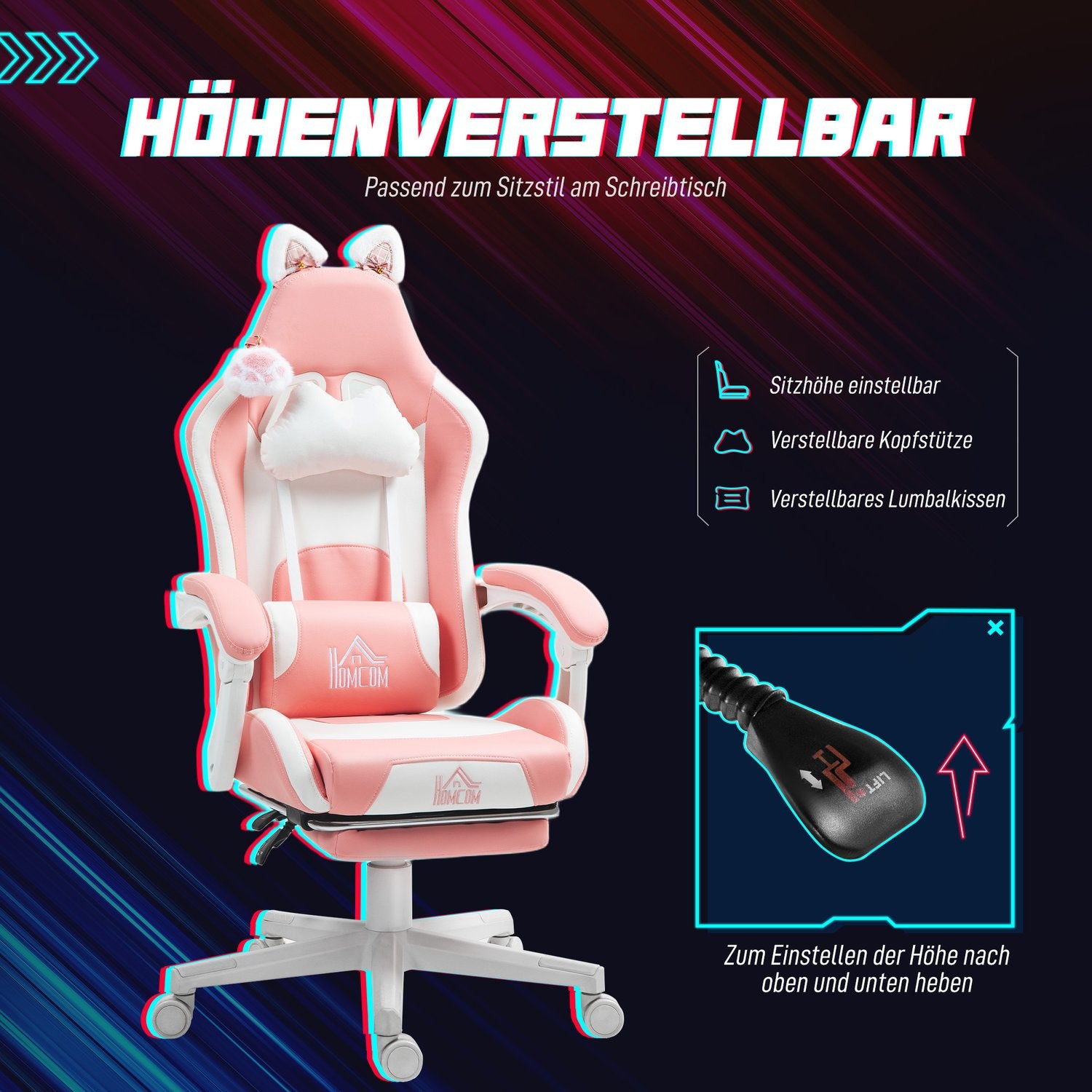 Ergonomisk rosa spelstol med svankstöd och fotstöd
