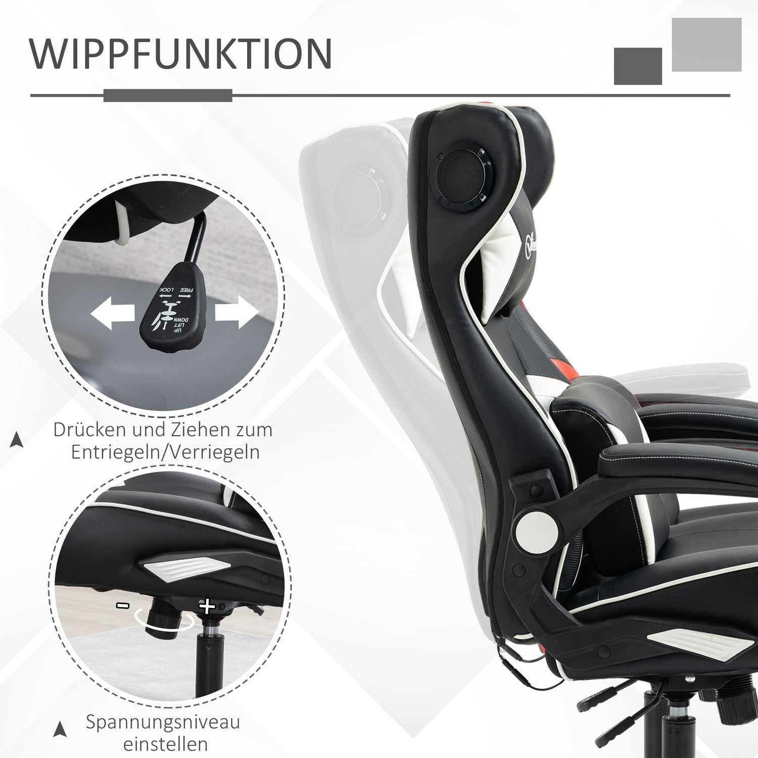 Ergonomisk spelstol med högtalare, justerbar höjd, konstläder