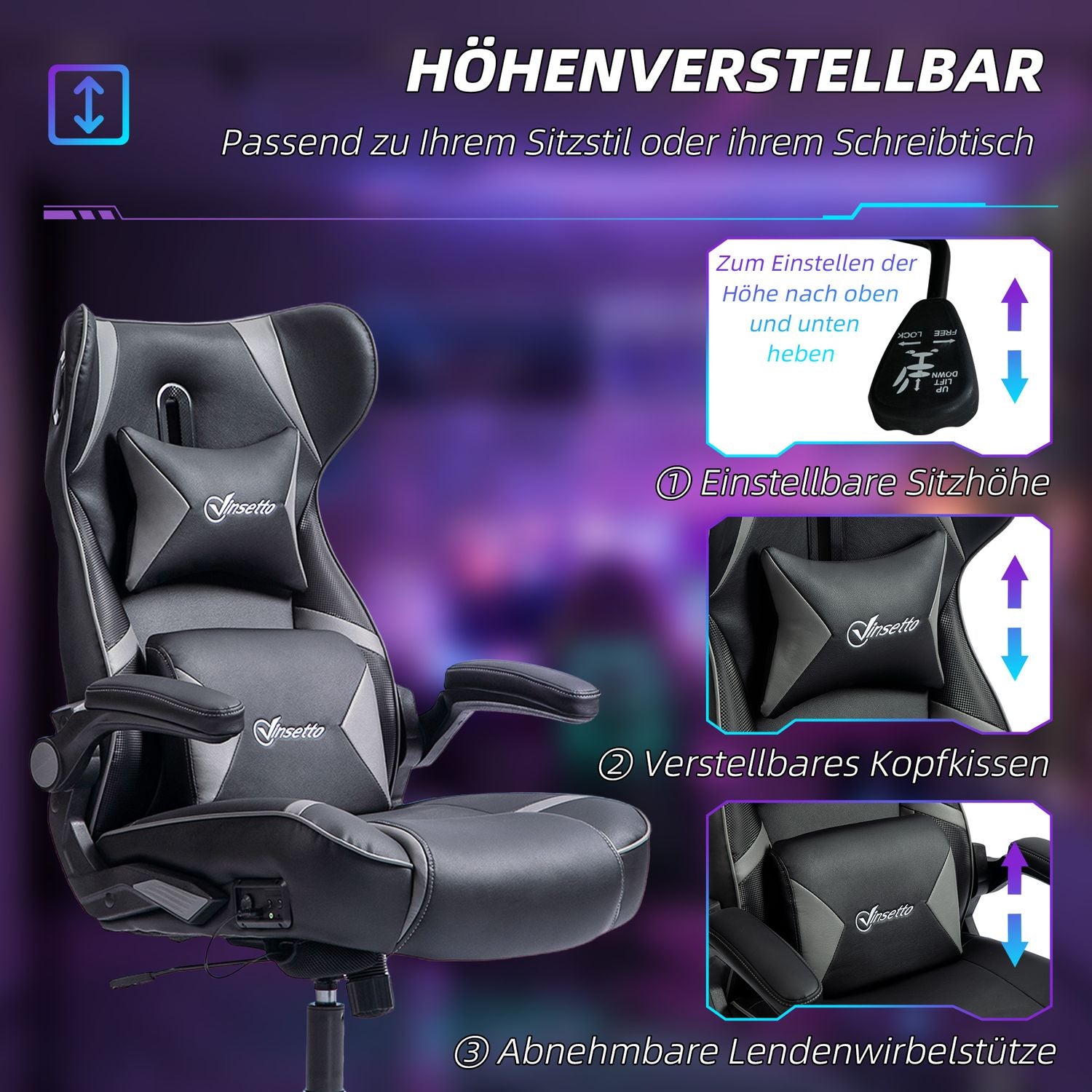 Ergonomisk spelstol med rocker, högtalare, 120 kg Kapacitet