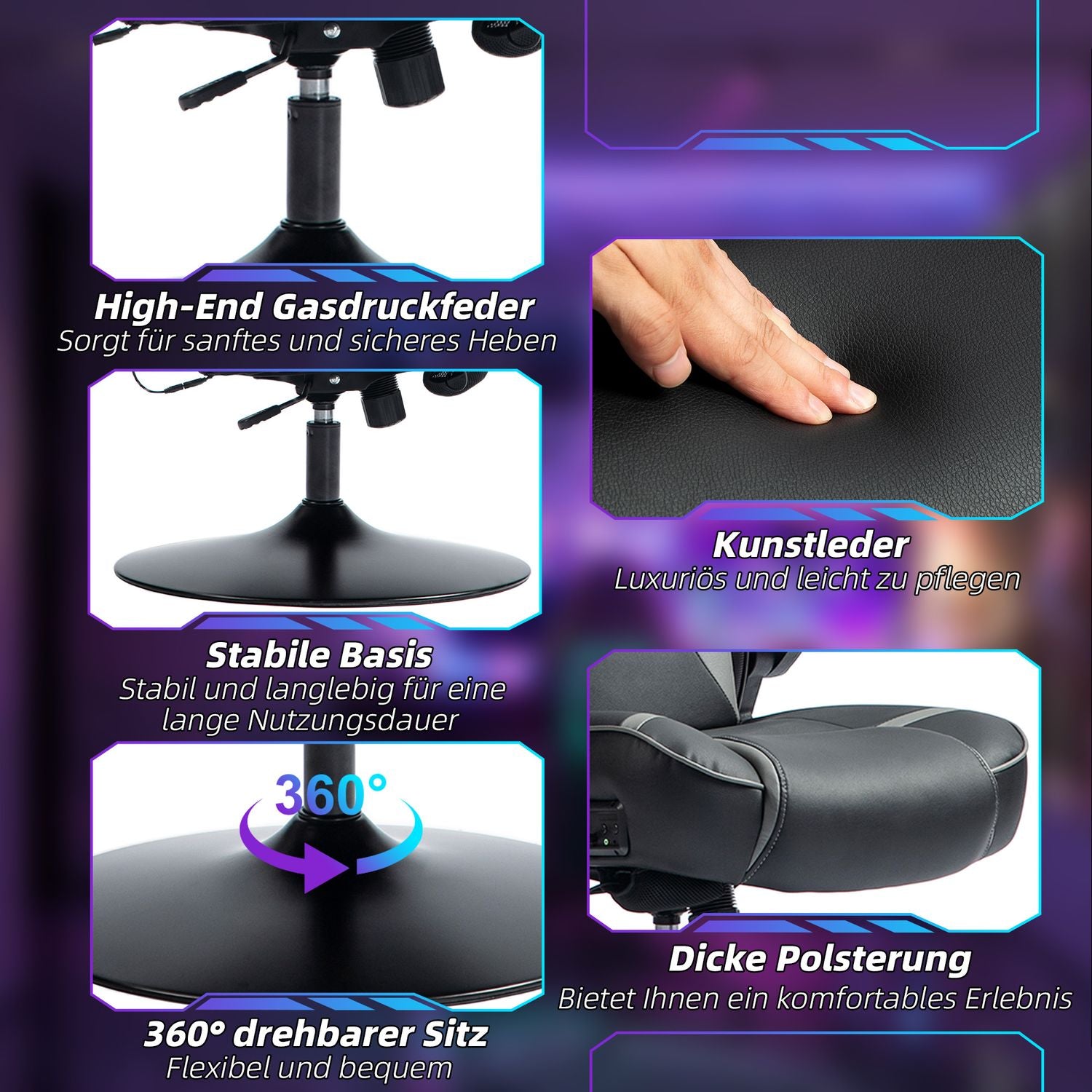 Ergonomisk spelstol med rocker, högtalare, 120 kg Kapacitet