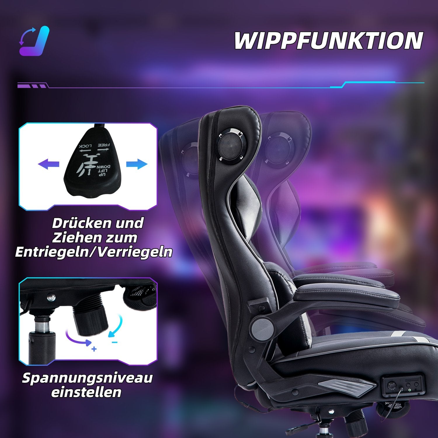 Ergonomisk spelstol med rocker, högtalare, 120 kg Kapacitet