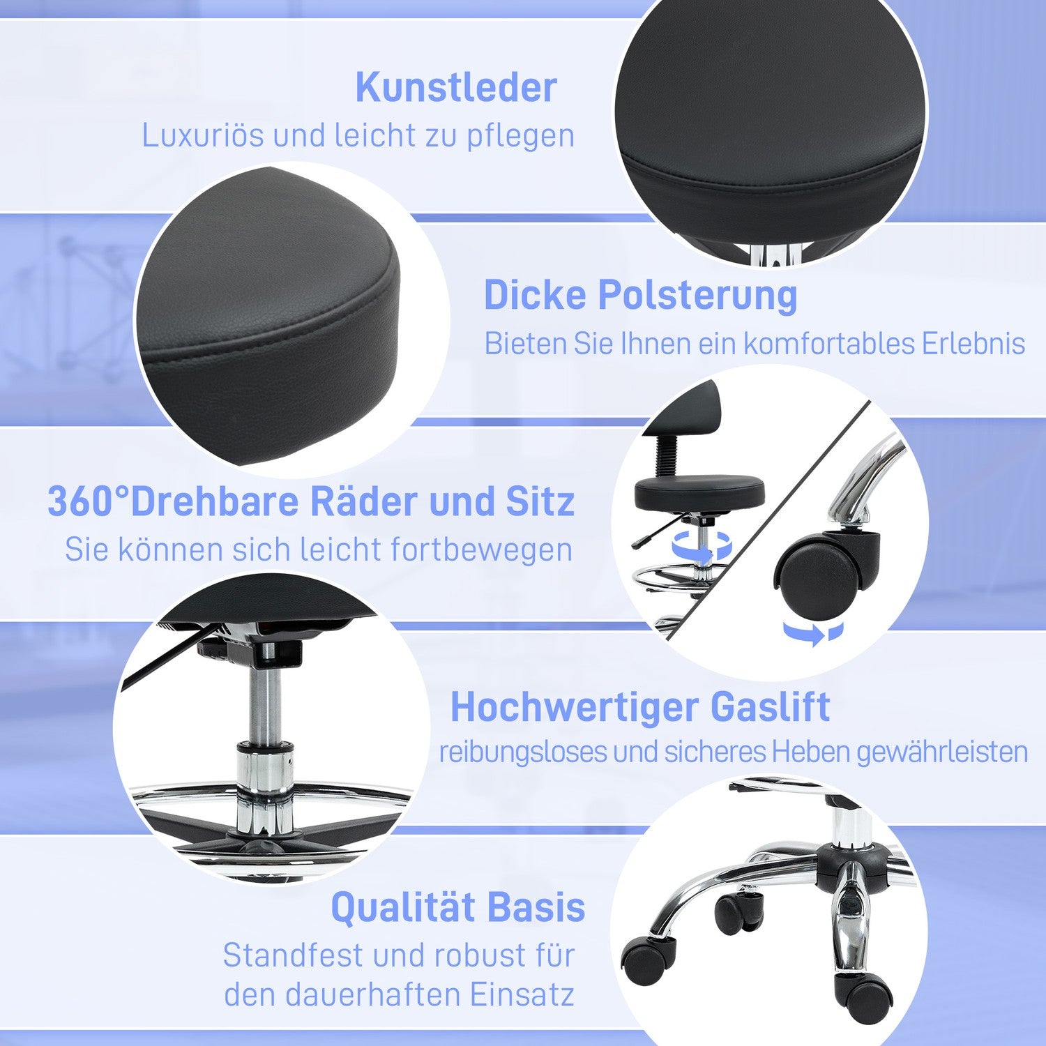 Ergonomisk svart kontorsstol med fotring, justerbar vridbar