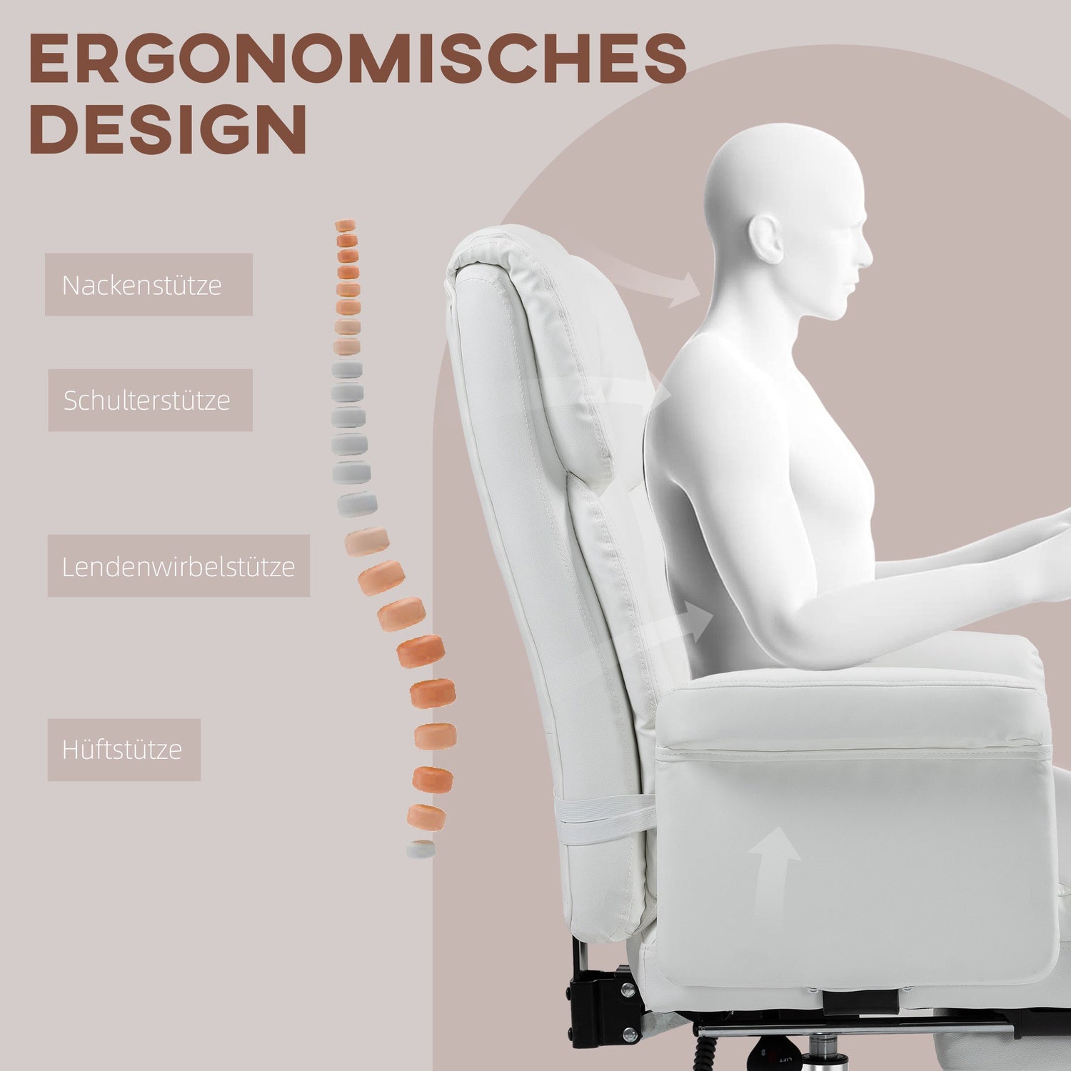 Ergonomisk vit kontorsstol, liggande & vridbar, svankstöd