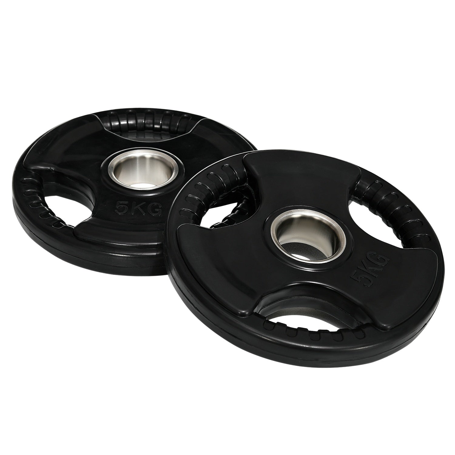 Ett par 5 kg gummi Olympic Tri-Grip viktskivor