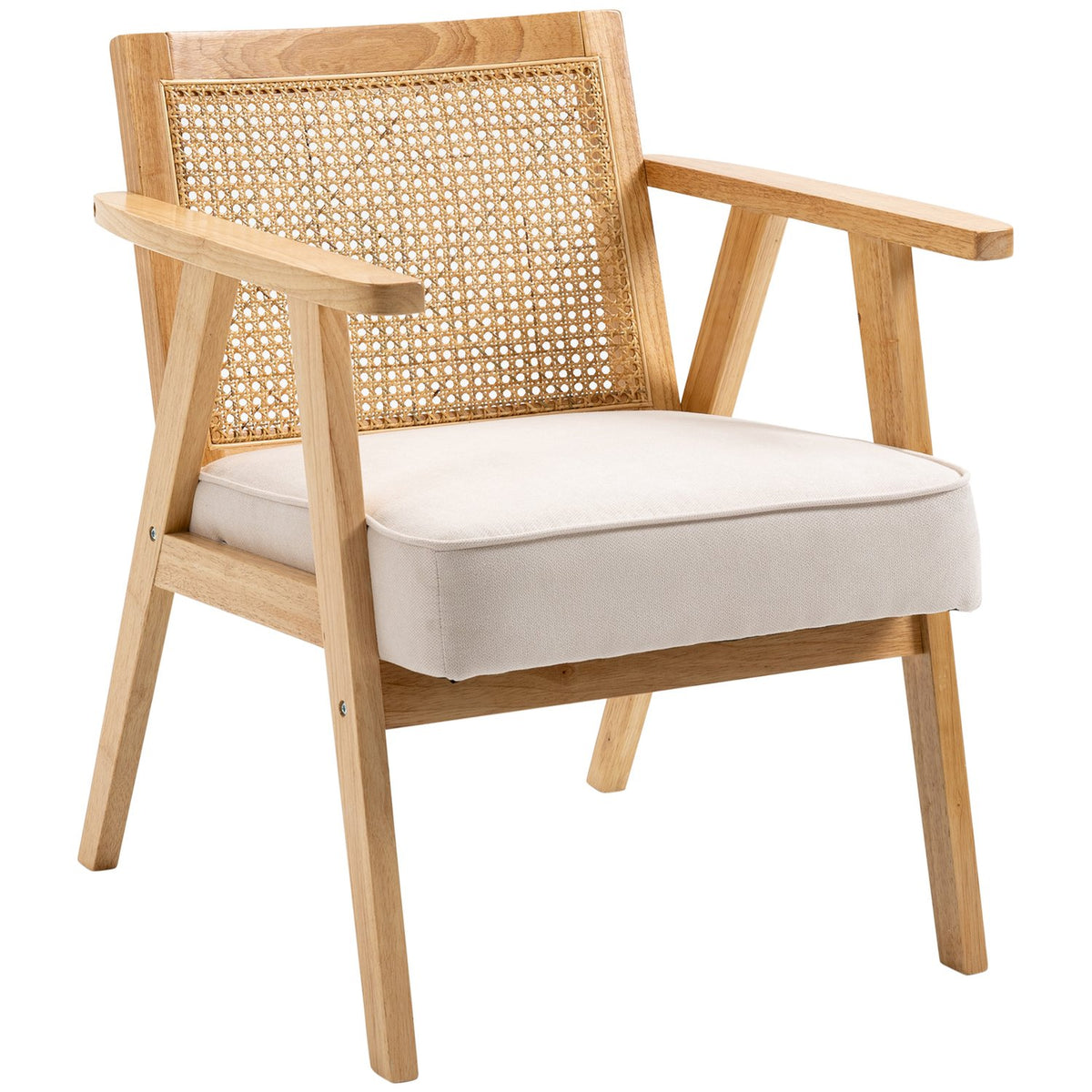 Exotische gestoffeerde stoel, rubberhout, zitkussen in linnenlook, 63L x 69W x 78H cm, crèmewit